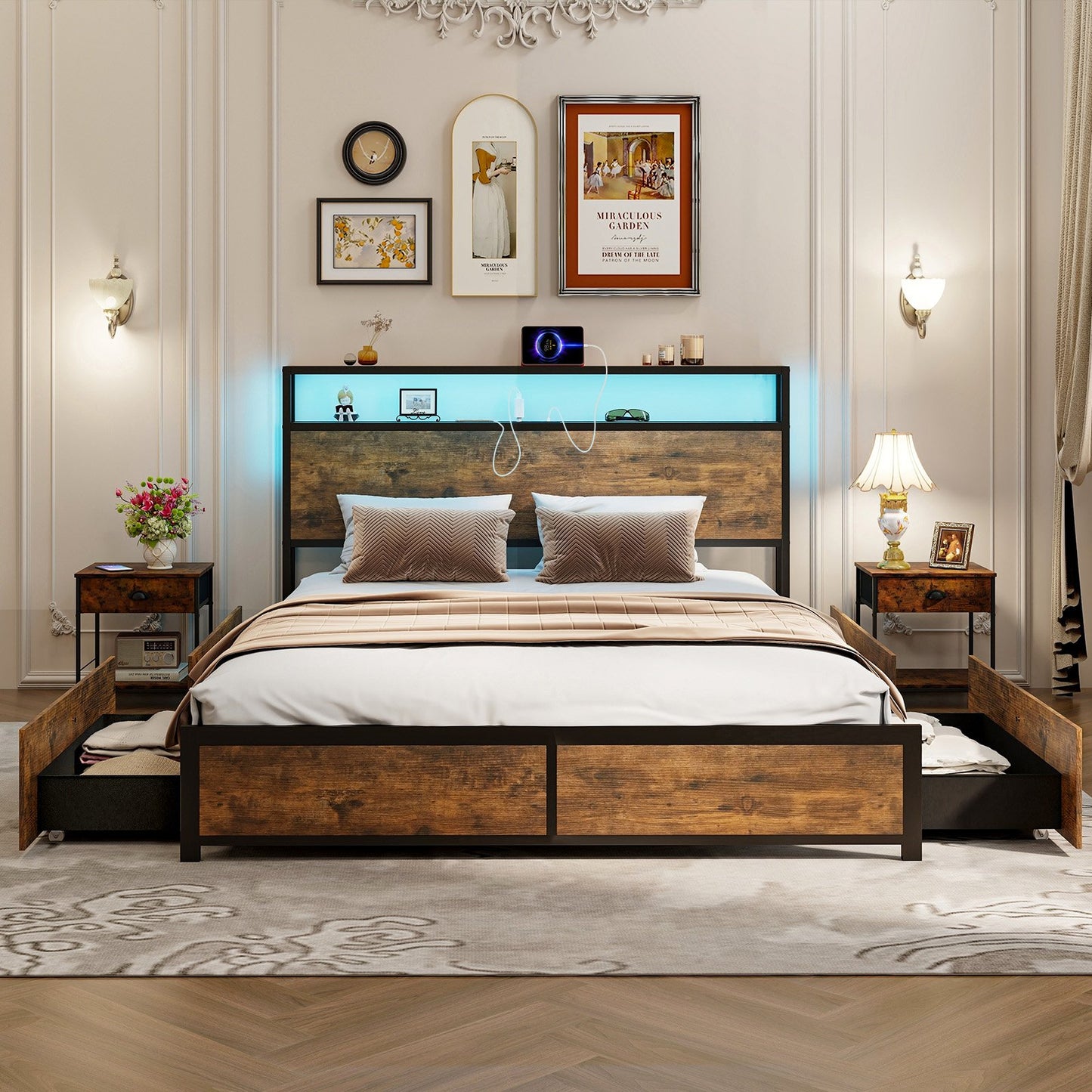 Full/Queen Size Bed Frame with Smart LED Lights and Storage Drawers-Full Size