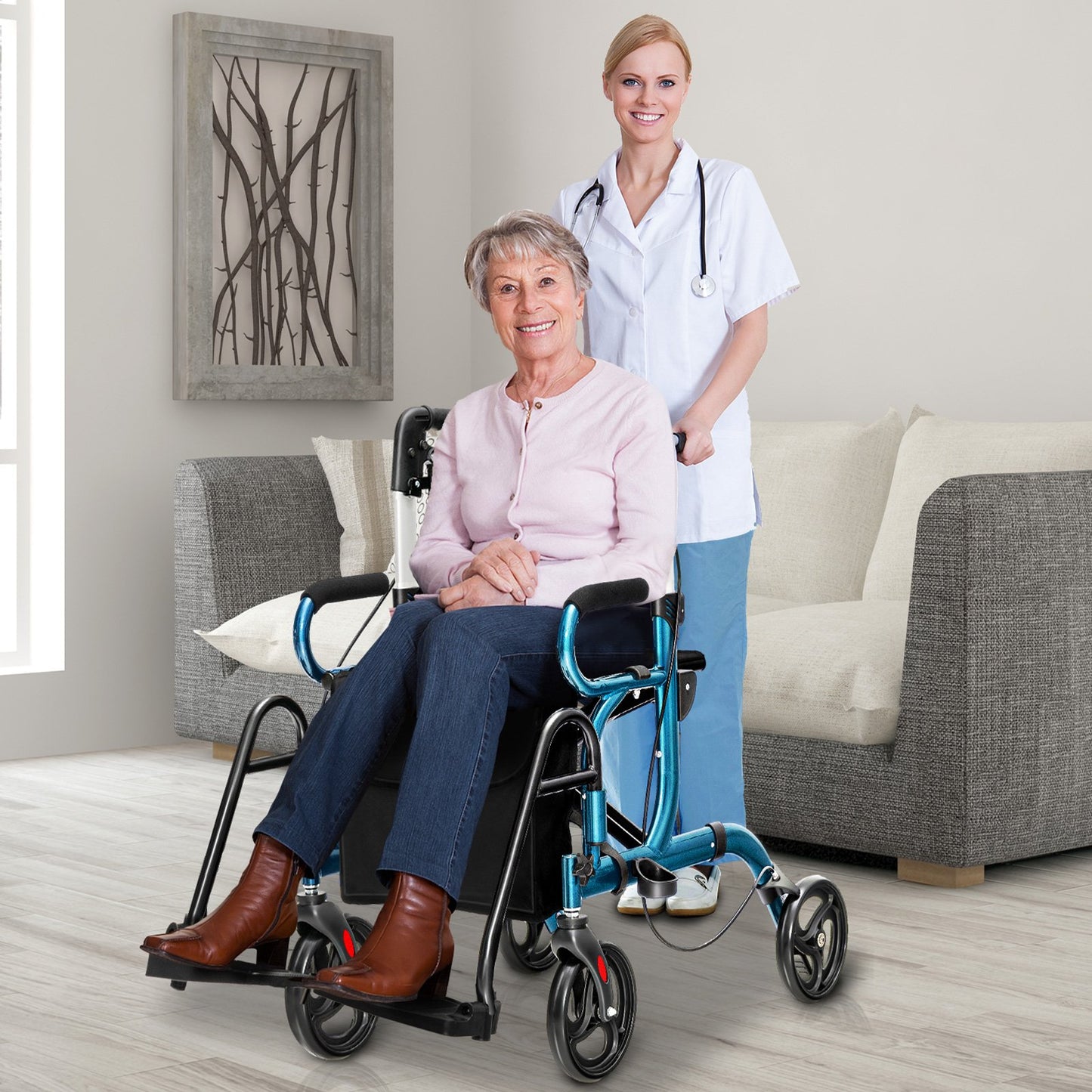 Folding Rollator Walker with 8-inch Wheels and Seat-Black
