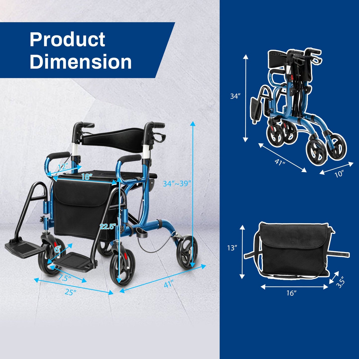 Folding Rollator Walker with 8-inch Wheels and Seat-Black