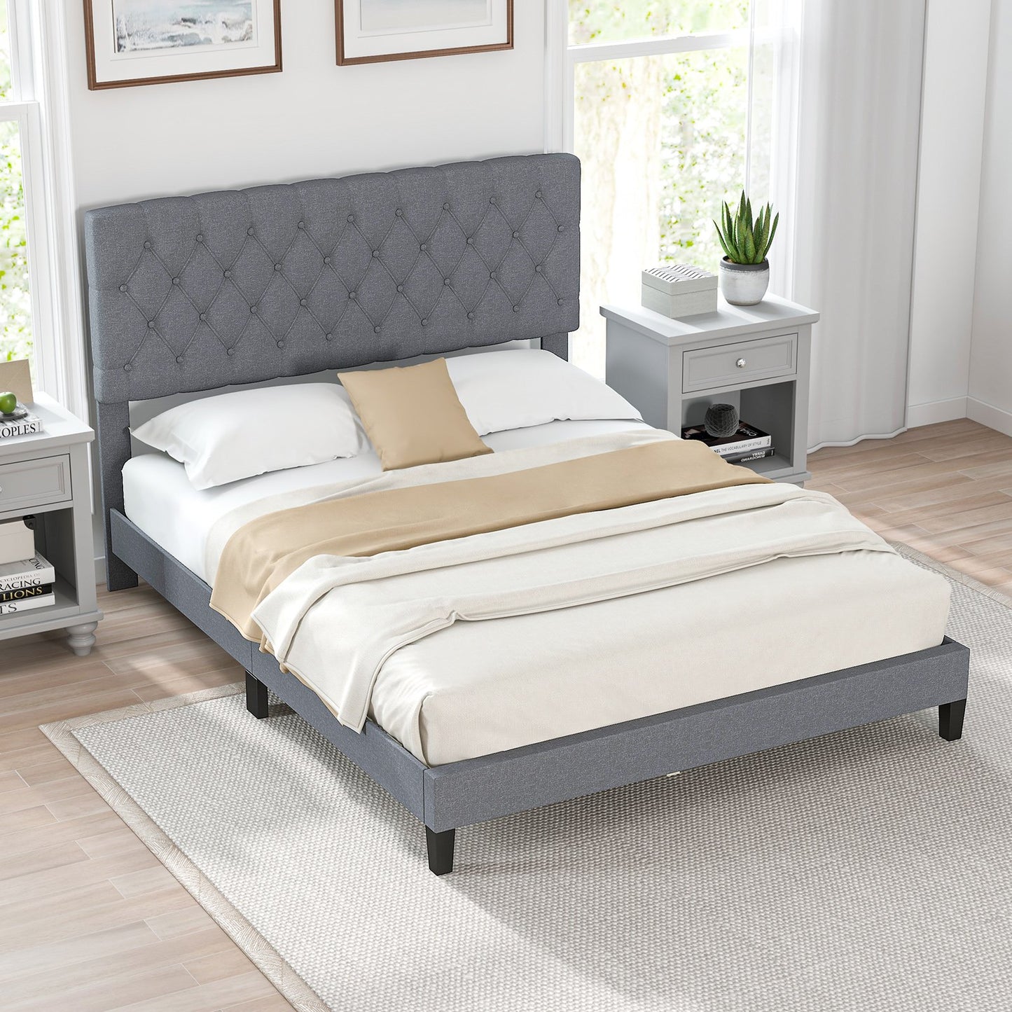 Queen Size Upholstered Platform Bed with Button Tufted Headboard-Queen & Gray