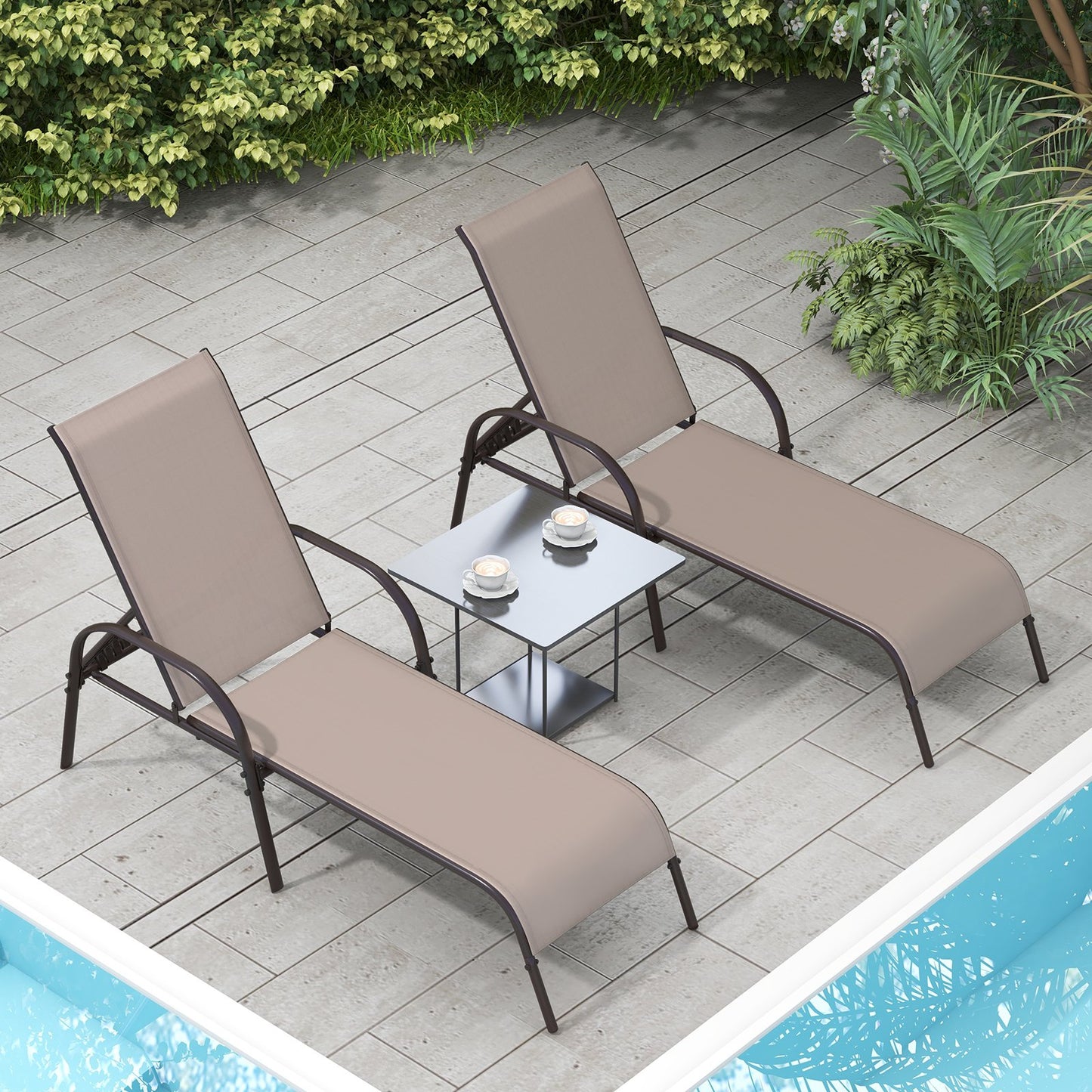 2 Pieces Outdoor Patio Lounge Chair Chaise Fabric with Adjustable Reclining Armrest-Black