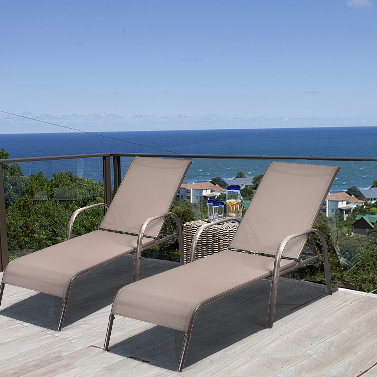 2 Pieces Outdoor Patio Lounge Chair Chaise Fabric with Adjustable Reclining Armrest-Black