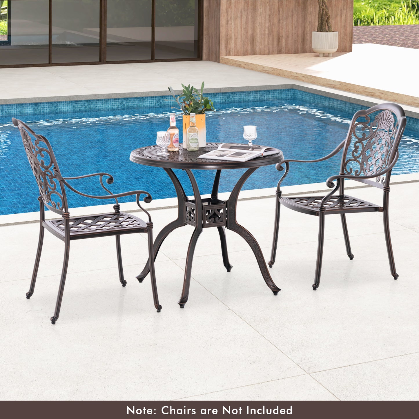 31.5" Cast Aluminum Table Patio Round Dining Table with Umbrella Hole-Copper