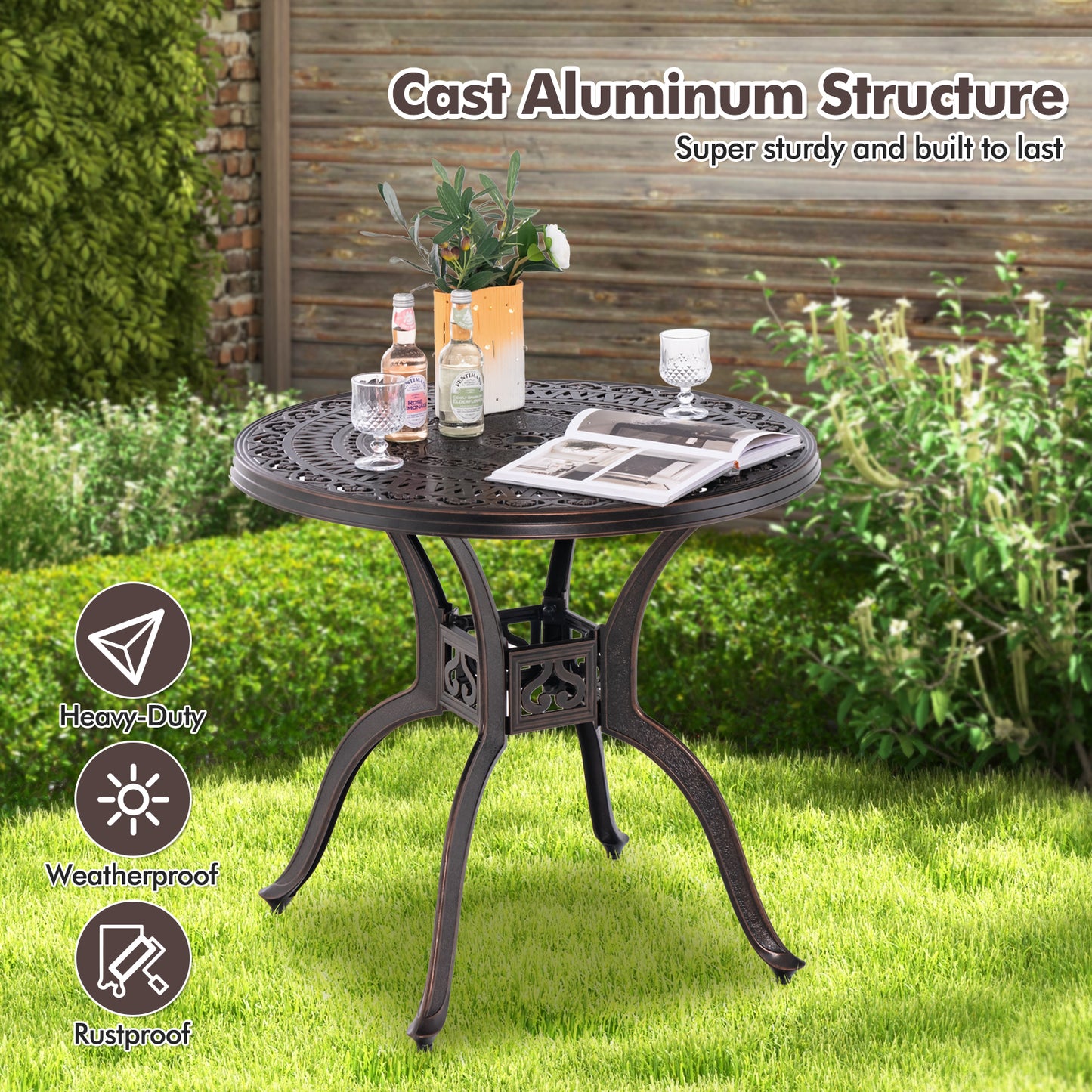 31.5" Cast Aluminum Table Patio Round Dining Table with Umbrella Hole-Copper