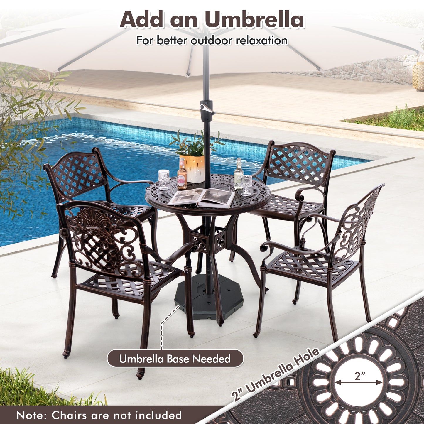 31.5" Cast Aluminum Table Patio Round Dining Table with Umbrella Hole-Copper