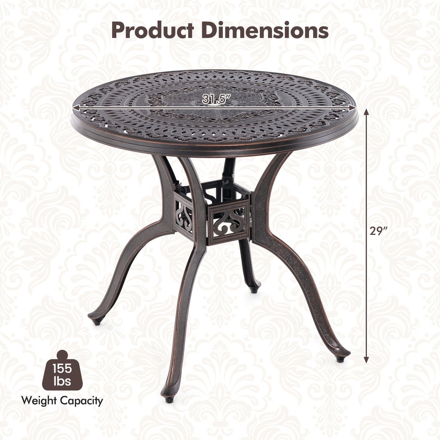 31.5" Cast Aluminum Table Patio Round Dining Table with Umbrella Hole-Copper