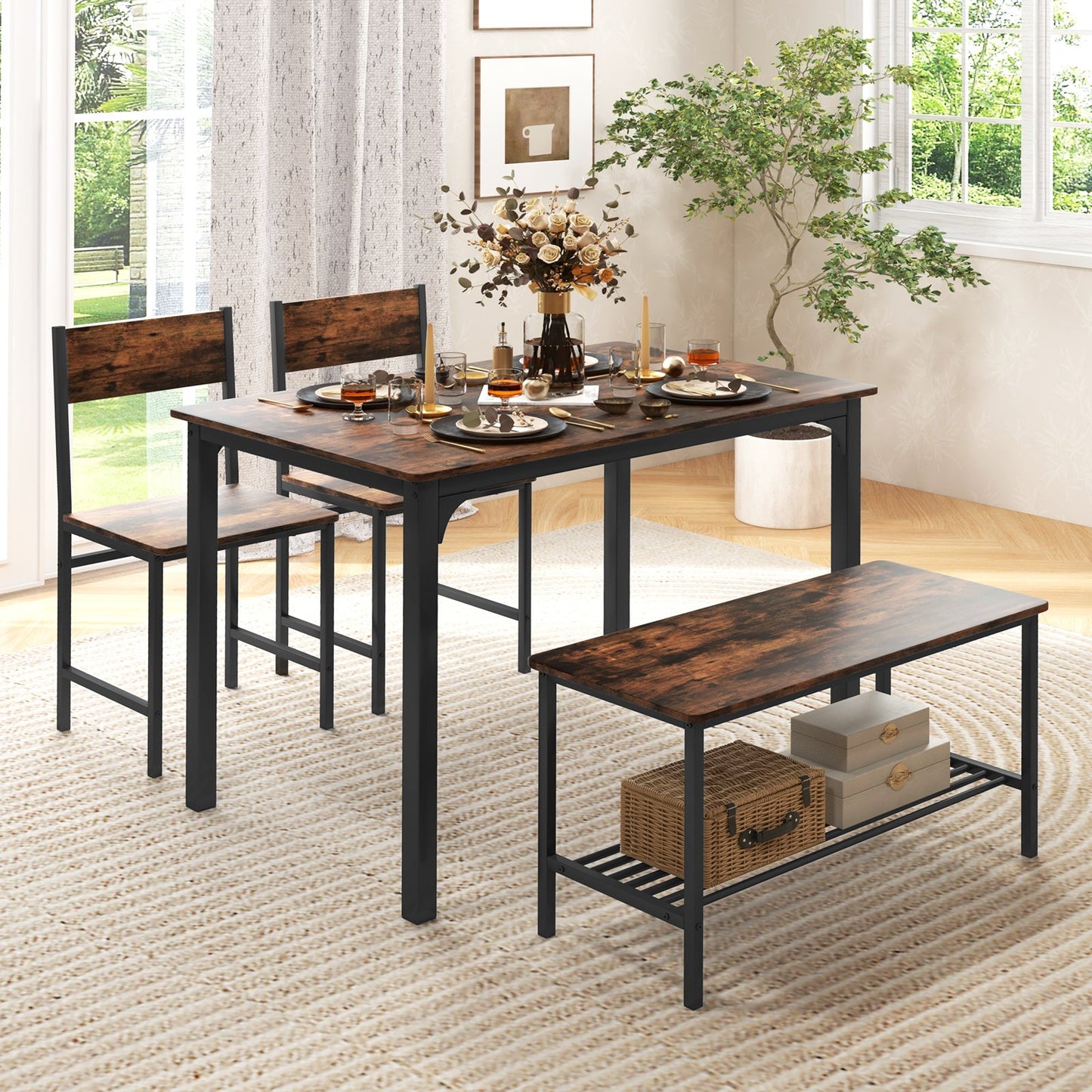 4 Pieces Rustic Dining Table Set with 2 Chairs and Bench-Brown