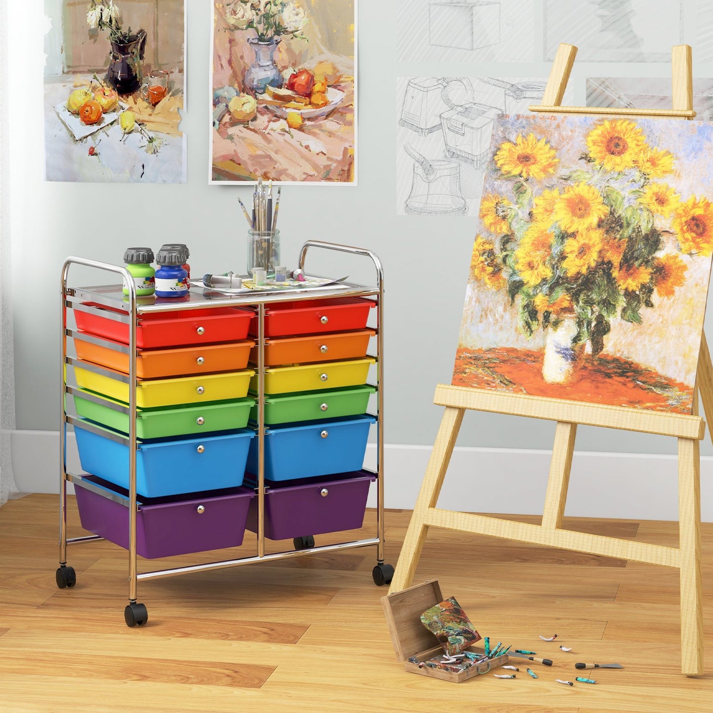 12-Drawer Rolling Storage Cart with Removable Drawers and Lockable Wheels-White