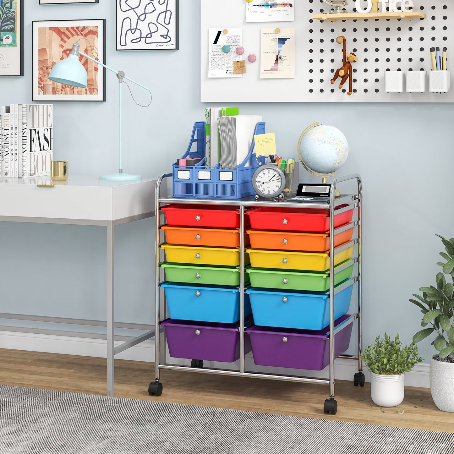 12-Drawer Rolling Storage Cart with Removable Drawers and Lockable Wheels-White
