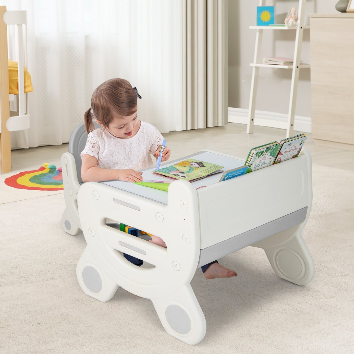 Kids Drawing Table and Chair Set with Watercolor Pens and Blackboard Eraser-Blue