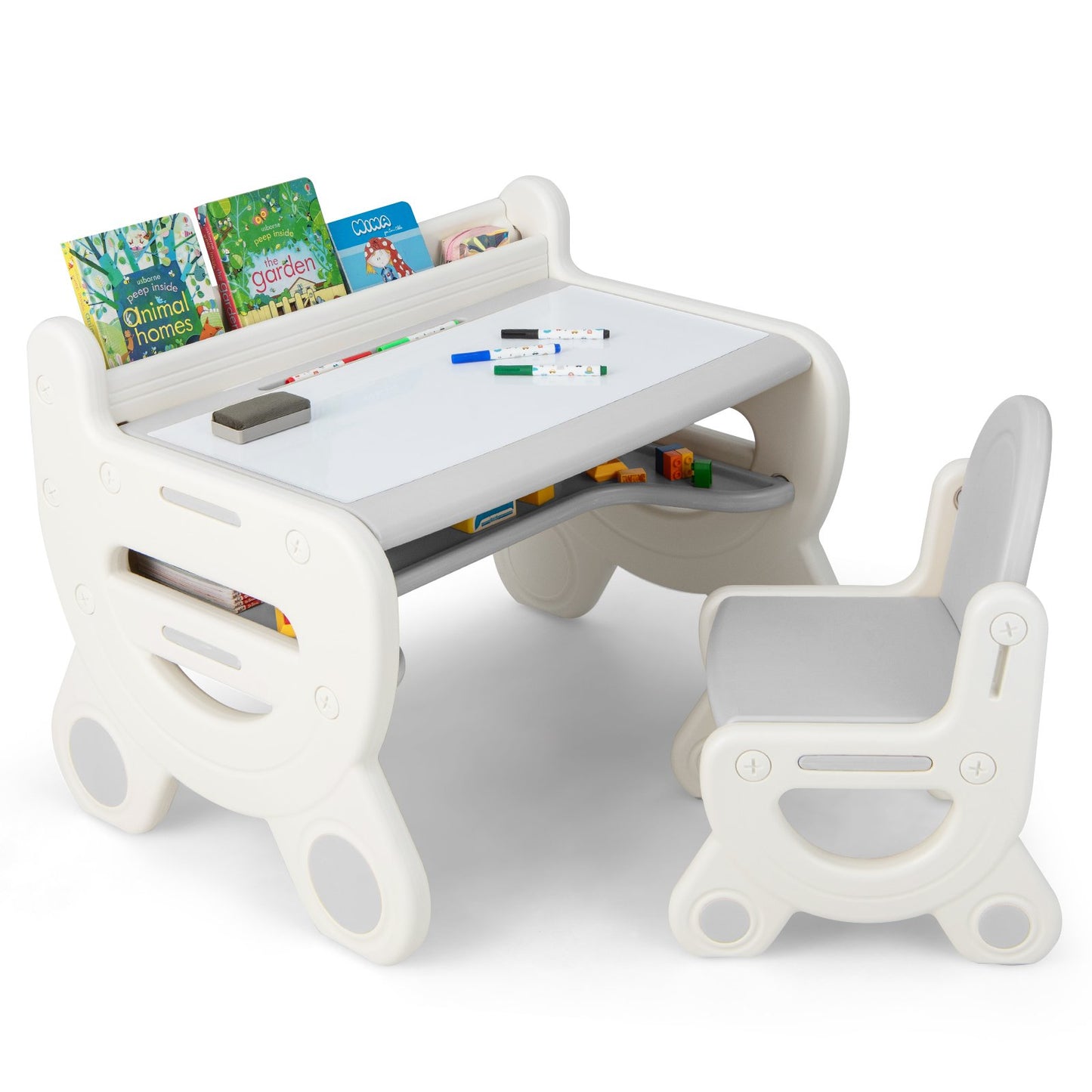 Kids Drawing Table and Chair Set with Watercolor Pens and Blackboard Eraser-Blue