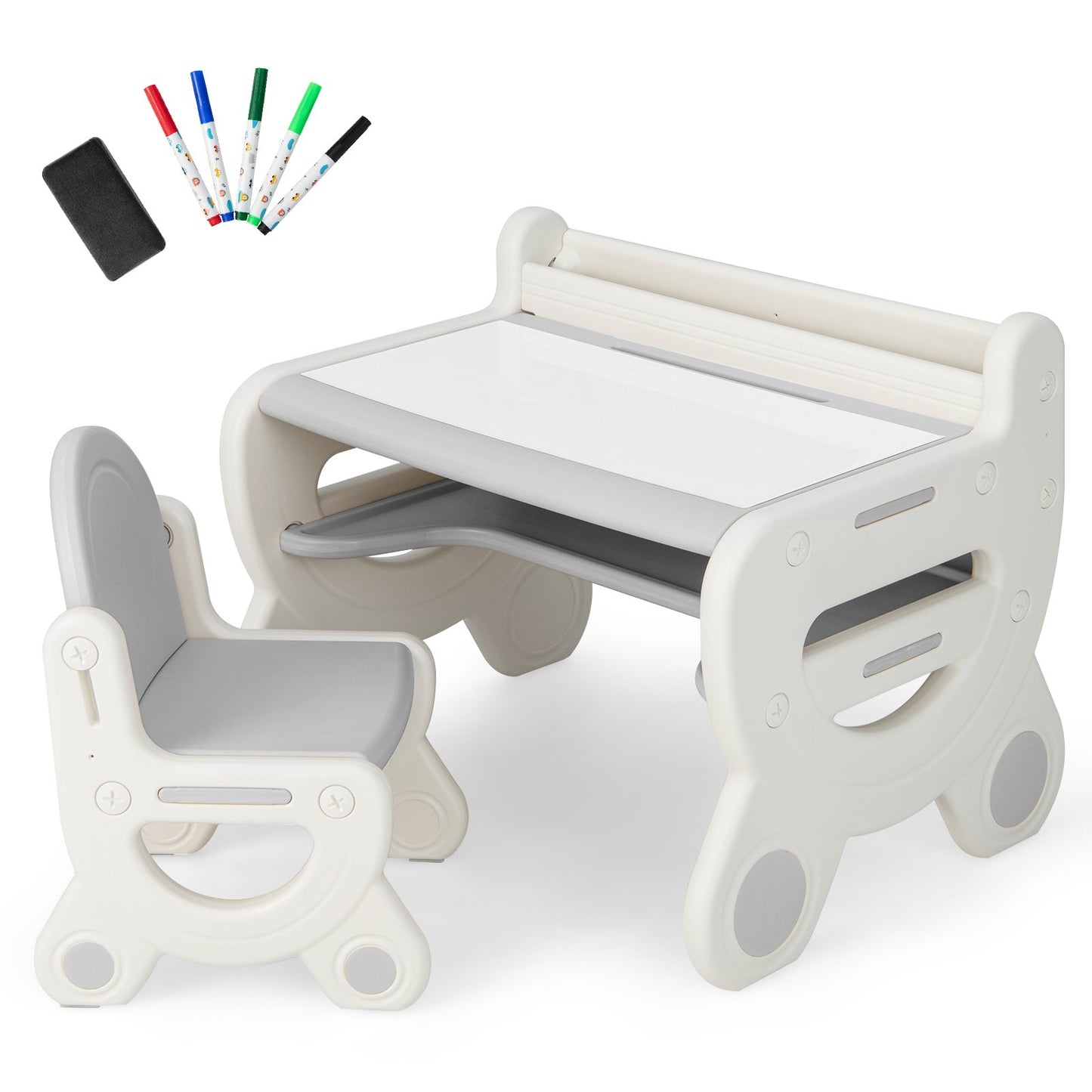 Kids Drawing Table and Chair Set with Watercolor Pens and Blackboard Eraser-Blue