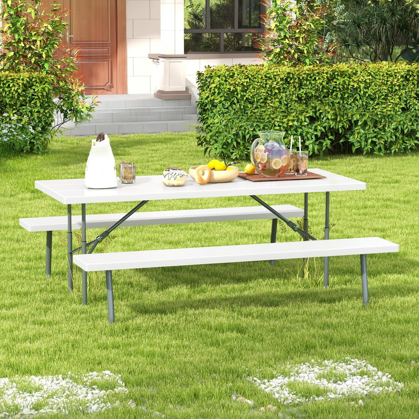 Folding Picnic Table Set with Metal Frame and All-Weather HDPE Tabletop Umbrella Hole-Black
