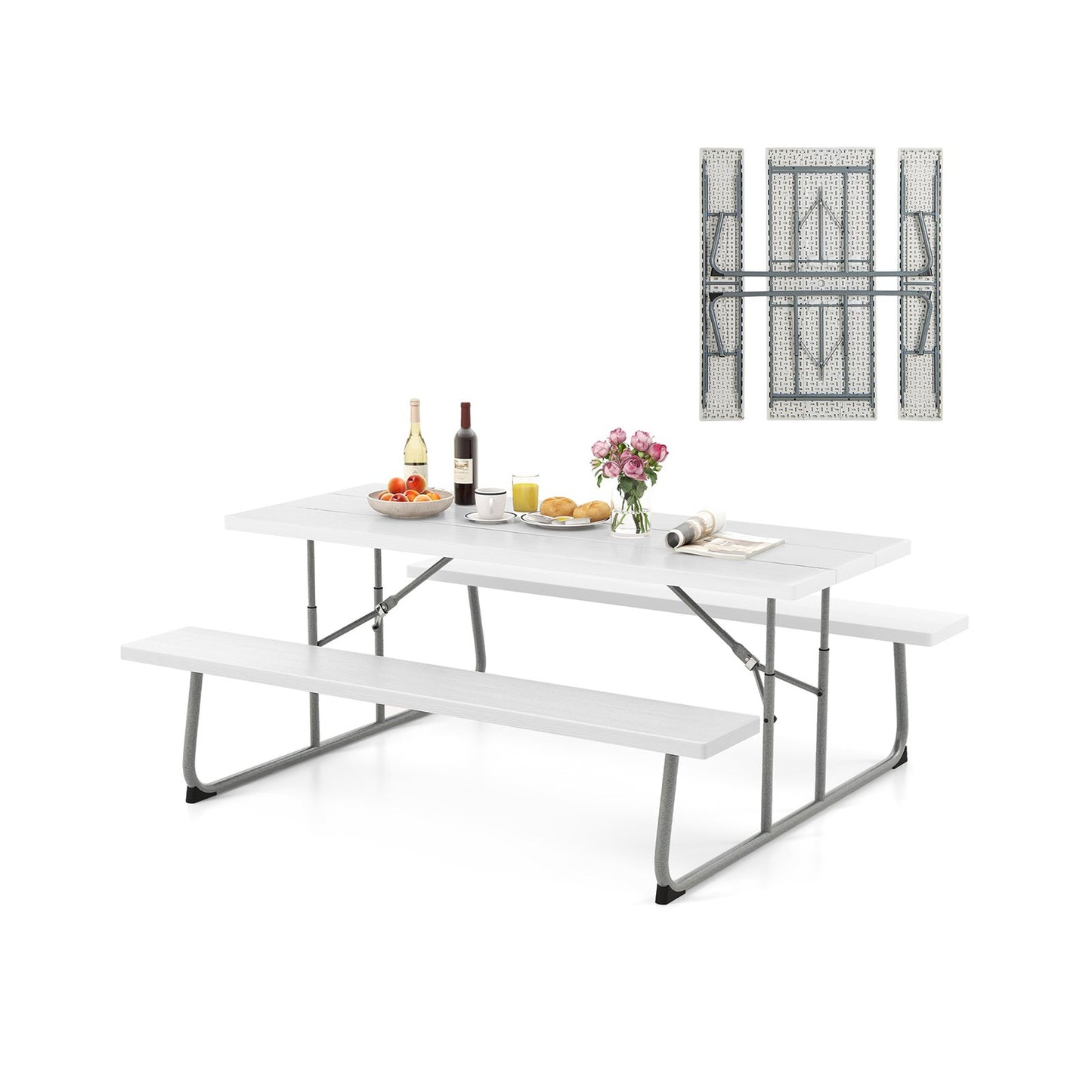 Folding Picnic Table Set with Metal Frame and All-Weather HDPE Tabletop Umbrella Hole-White