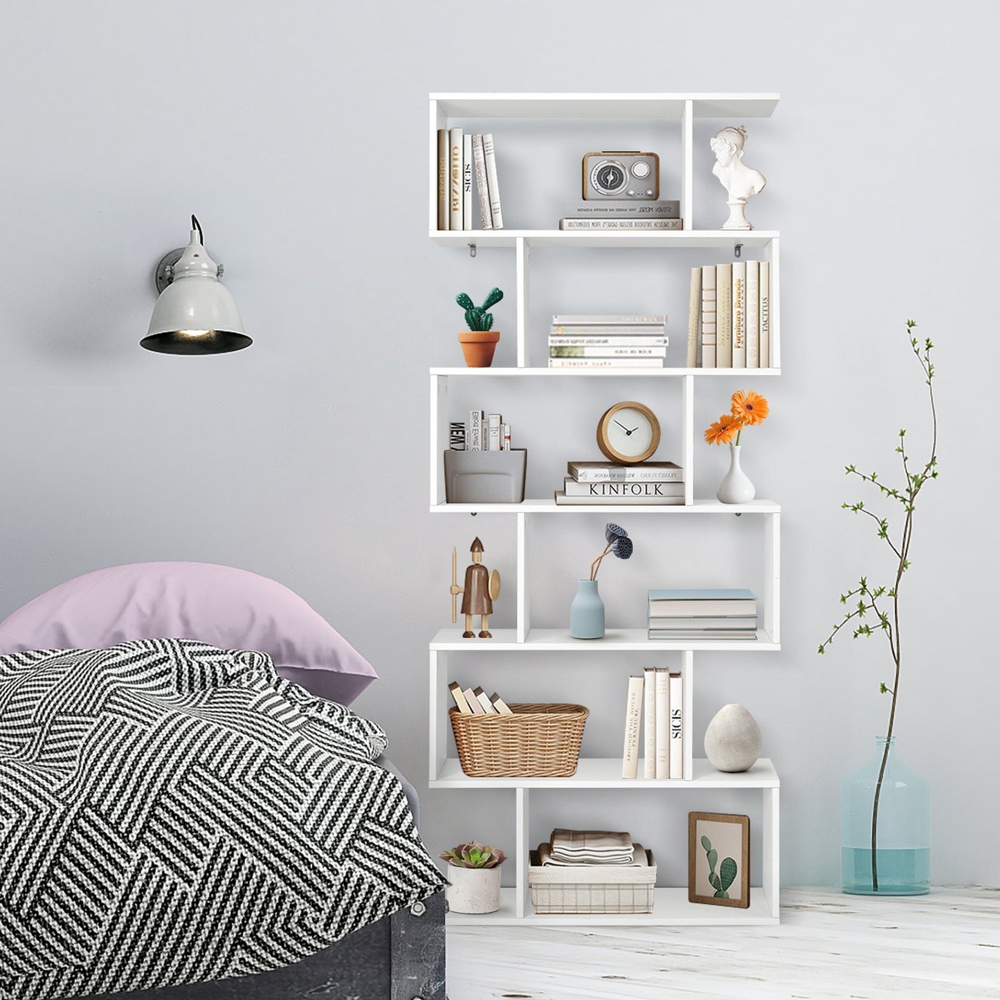 6 Tier S-Shaped Bookshelf Storage Display Bookcase Decor Z-Shelf-Black