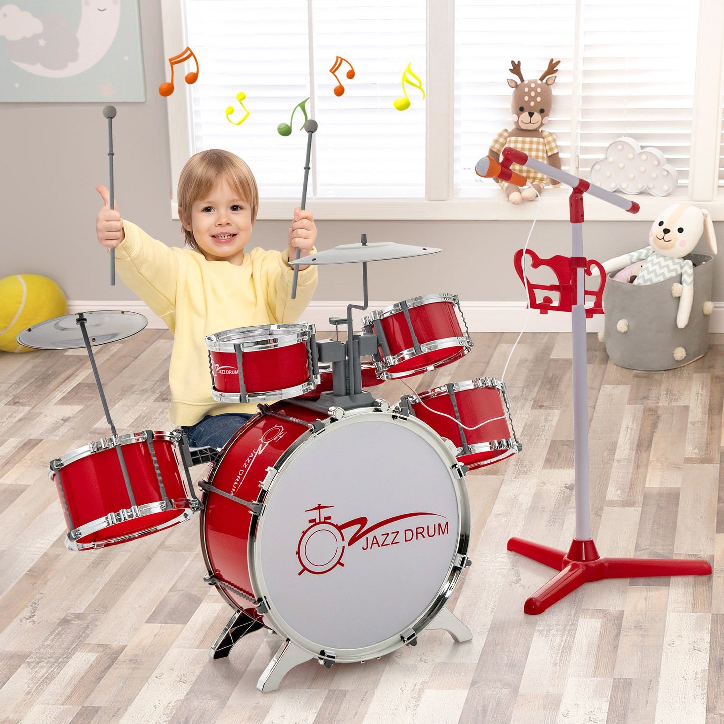 Kids Jazz Drum Keyboard Set with Stool and Microphone Stand-Blue