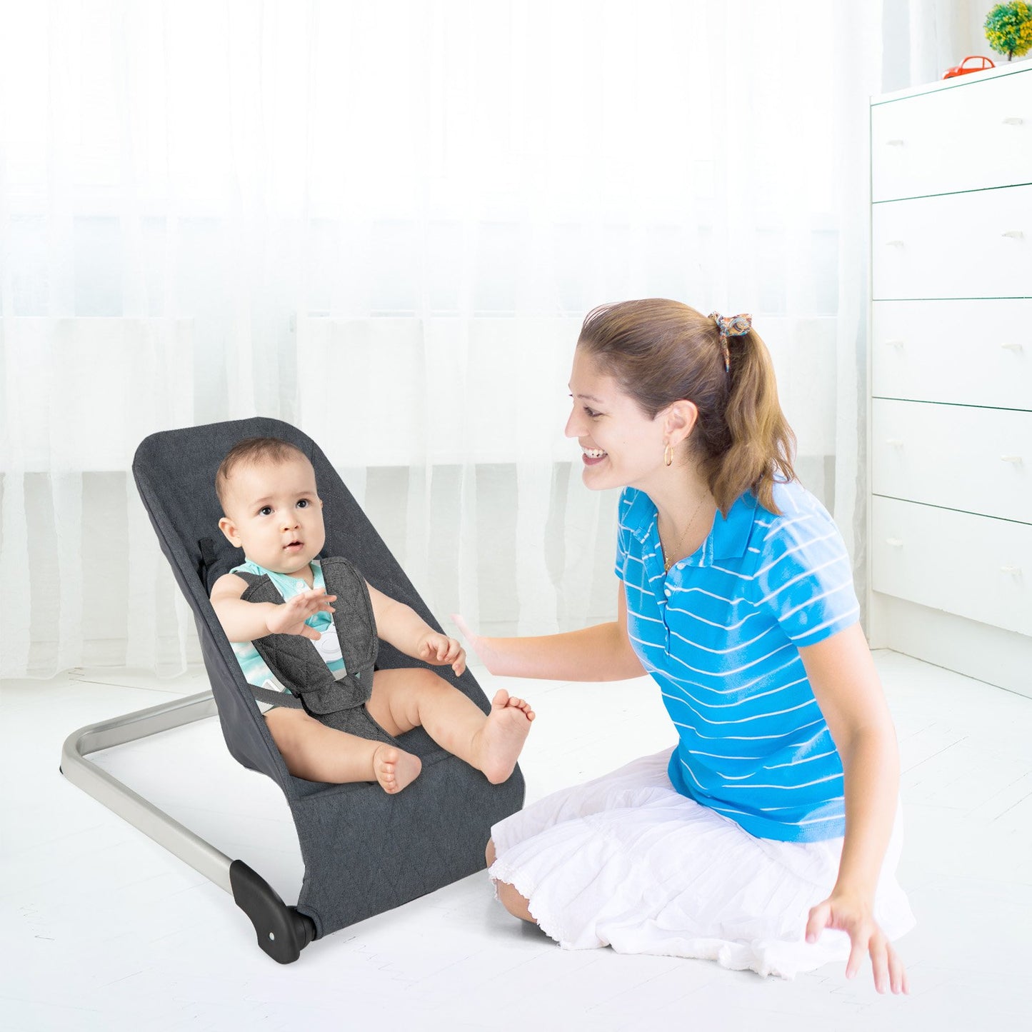 Baby Bouncer Seat with Aluminum and Metal Frame-Beige