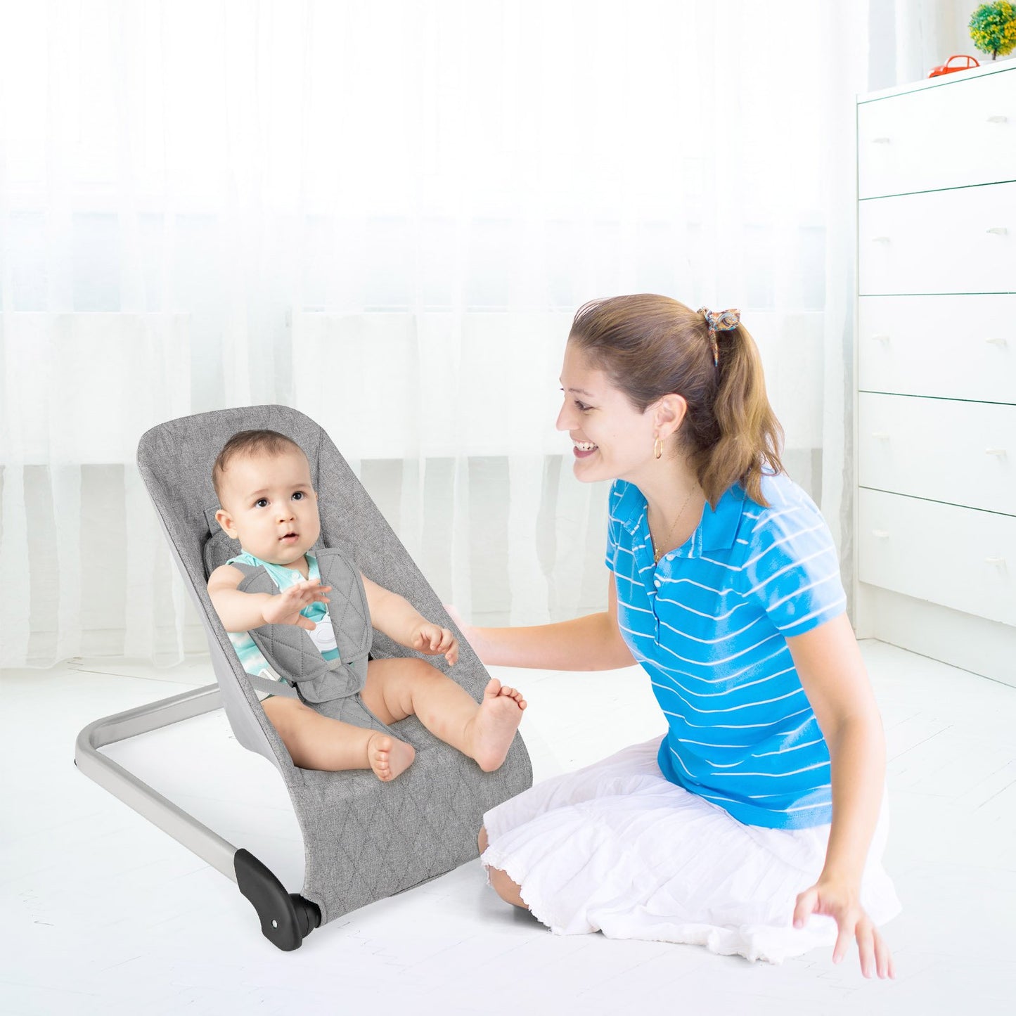 Baby Bouncer Seat with Aluminum and Metal Frame-Beige
