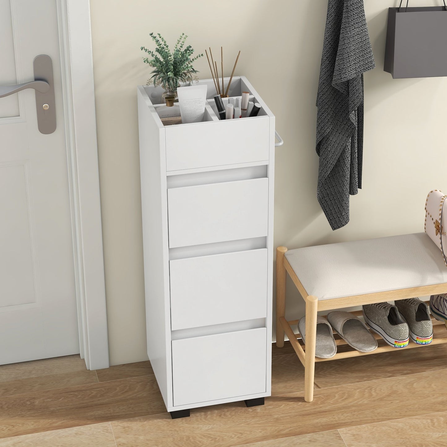 Bathroom Floor Cabinet with 3 Drawers 4 Top Dividers and 1 Towel Rack-White