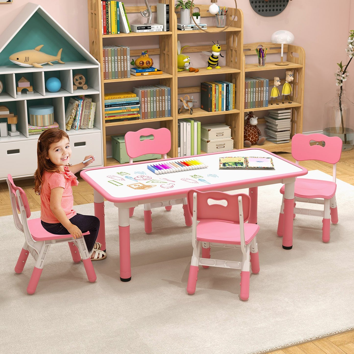 Kids Table and Chairs Set for 4 with Graffiti Desktop-Green