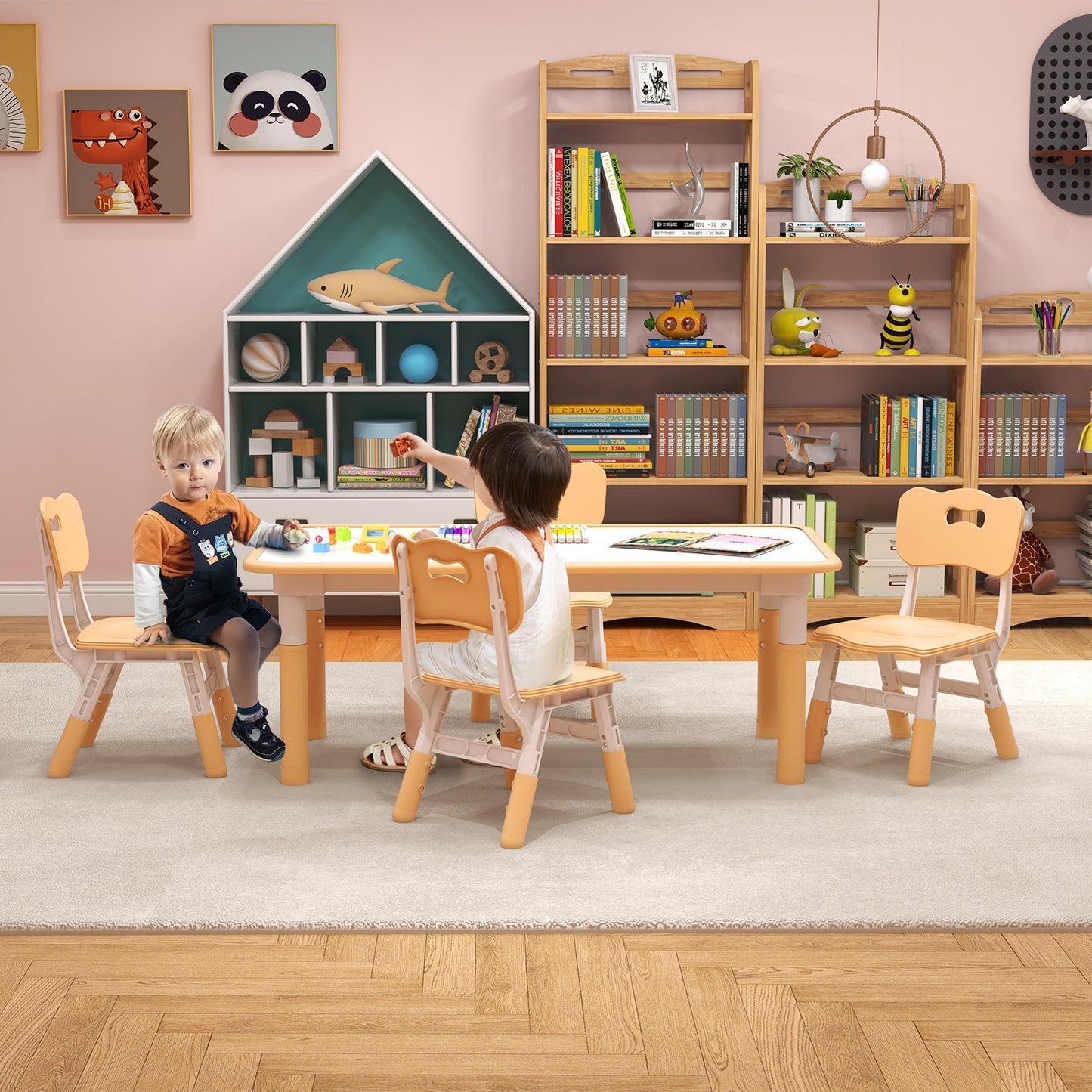 Kids Table and Chairs Set for 4 with Graffiti Desktop-Green