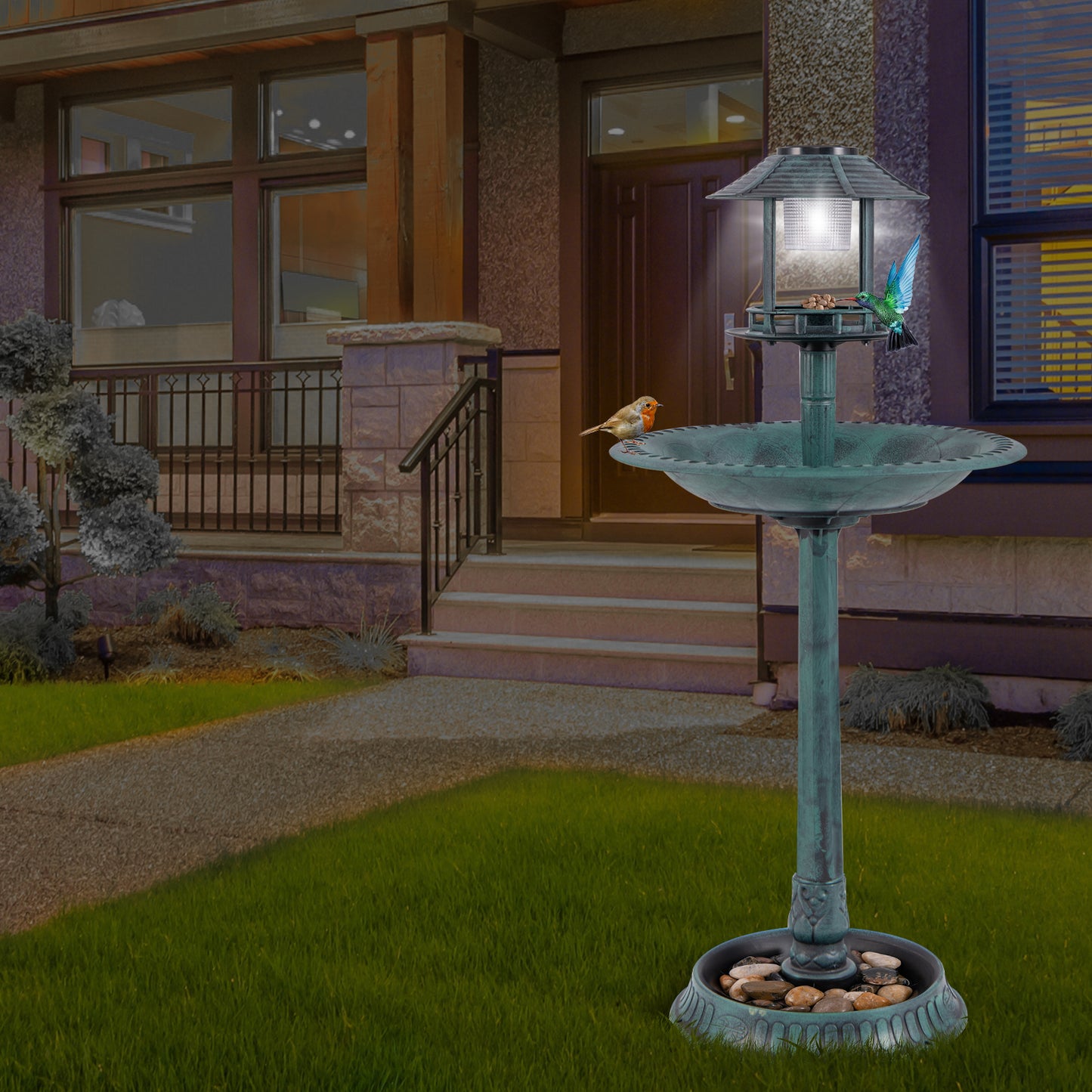 Pedestal Bird Bath with Solar Light with Bird Feeder and Flower Planter-Bronze