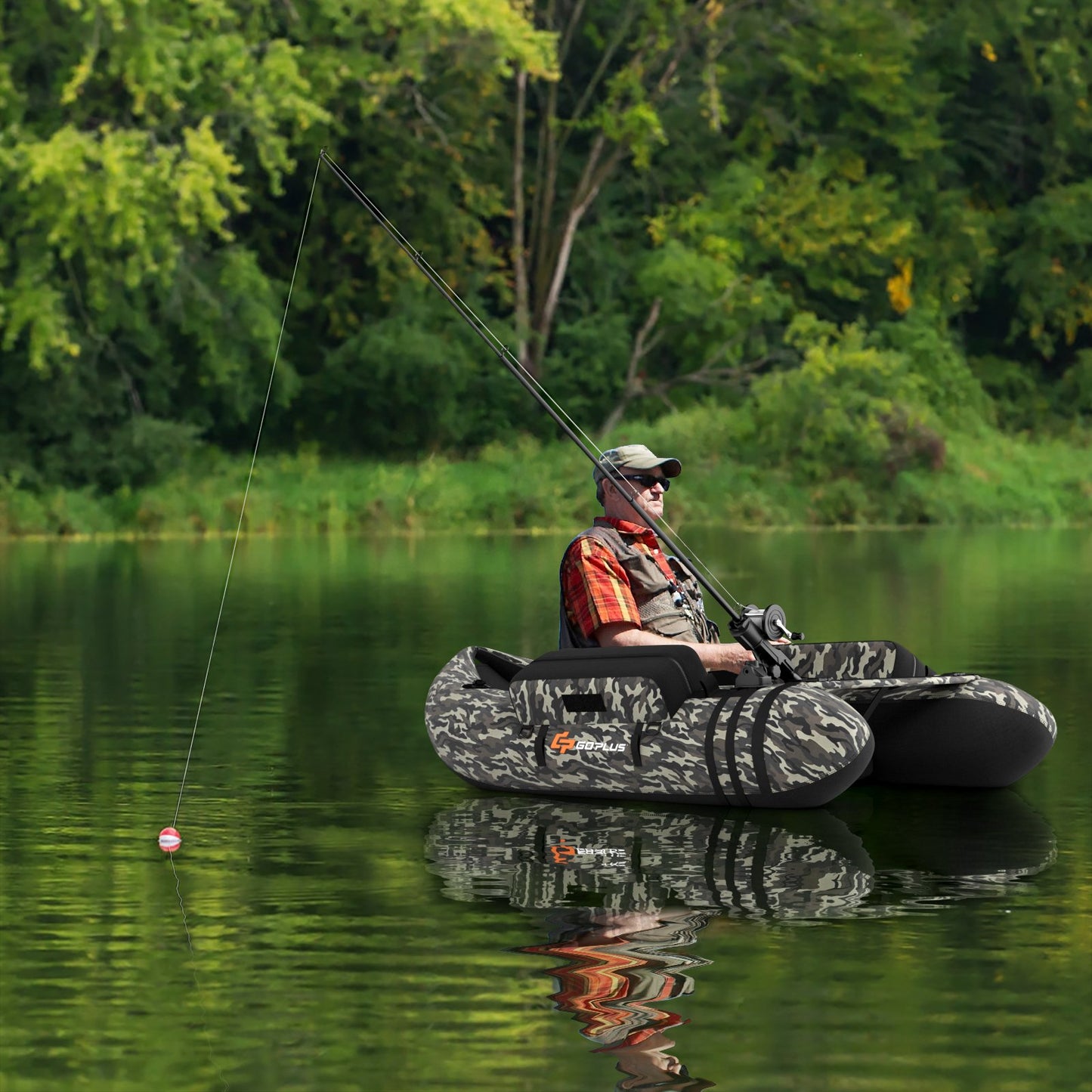 Inflatable Fishing Float Tube with Fish Ruler and Pump Storage Pockets-Beige