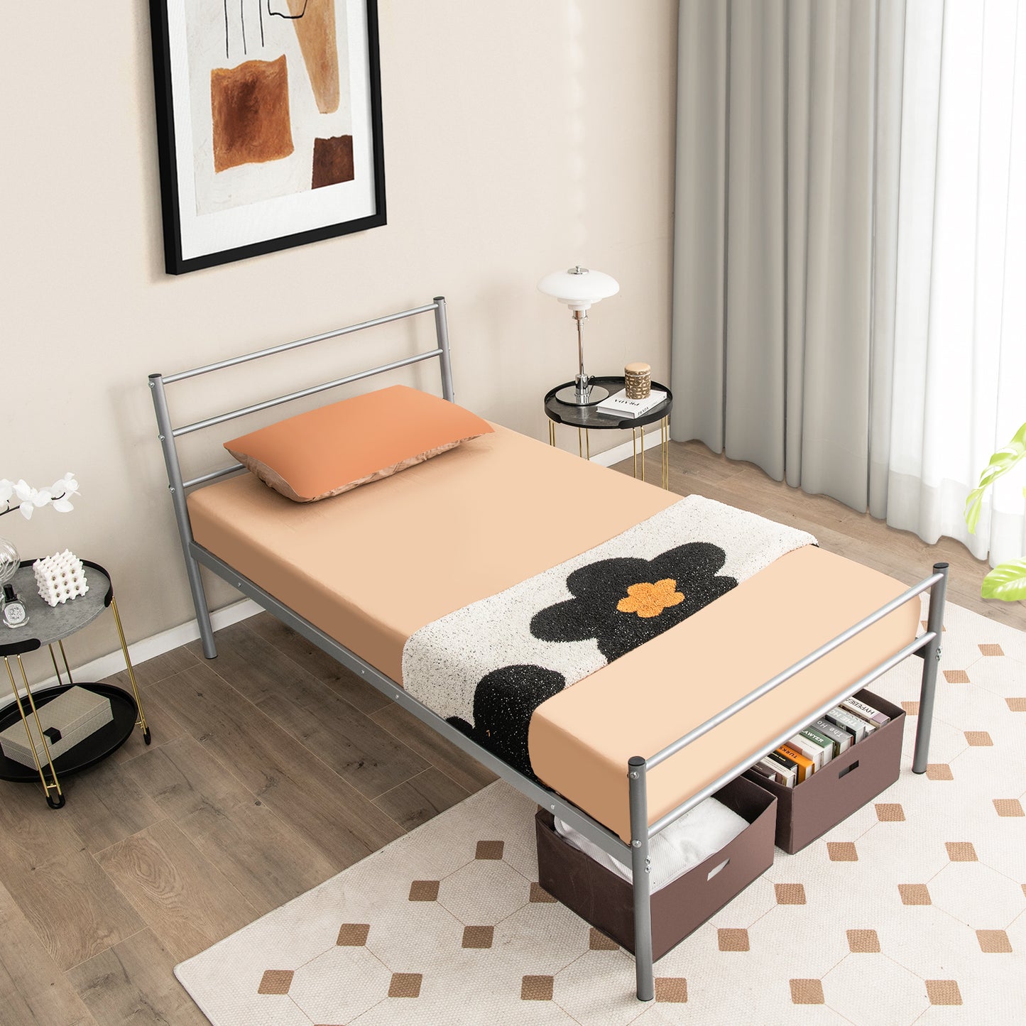 Twin Size Metal Bed Frame Platform with Headboard-Black