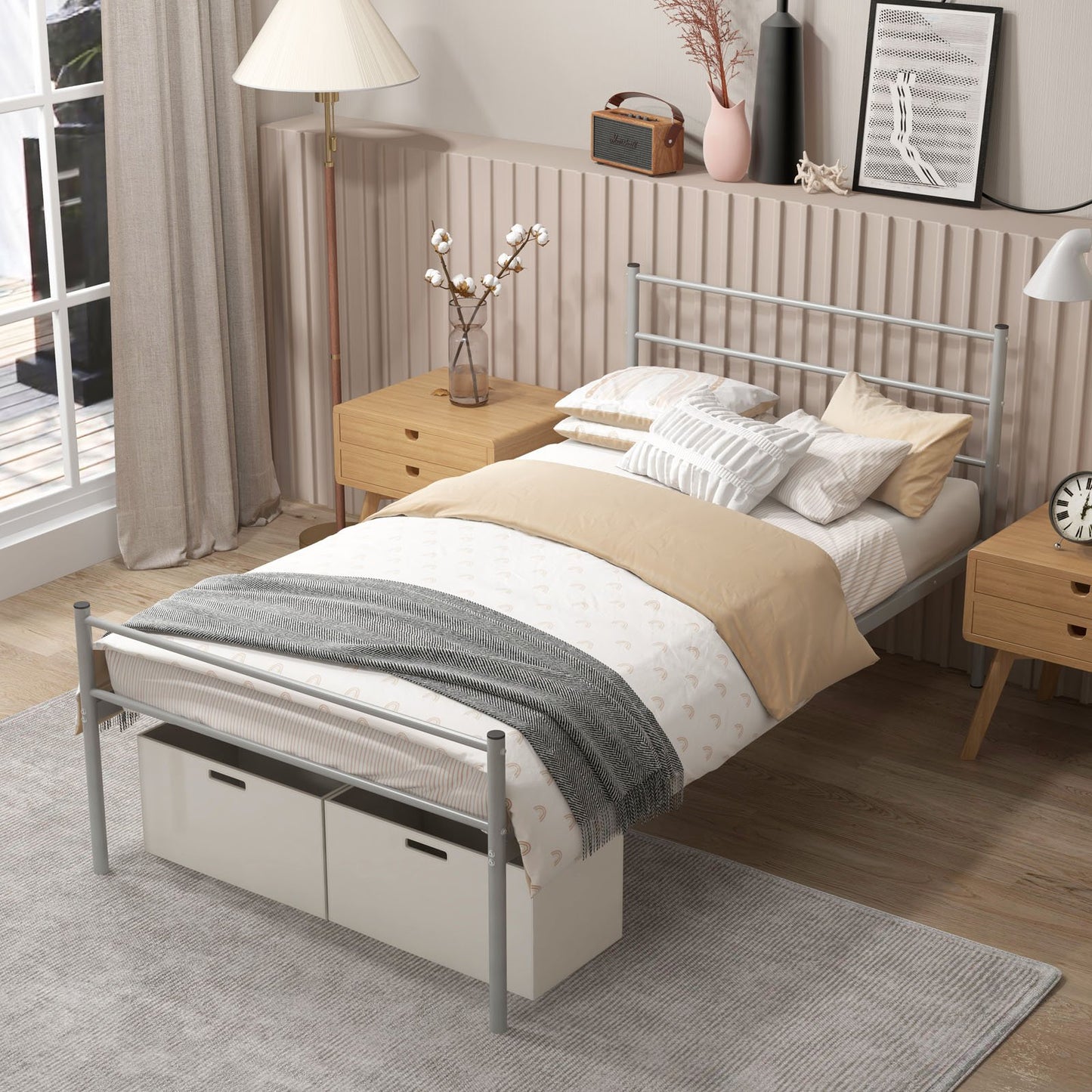 Twin Size Metal Bed Frame Platform with Headboard-Black