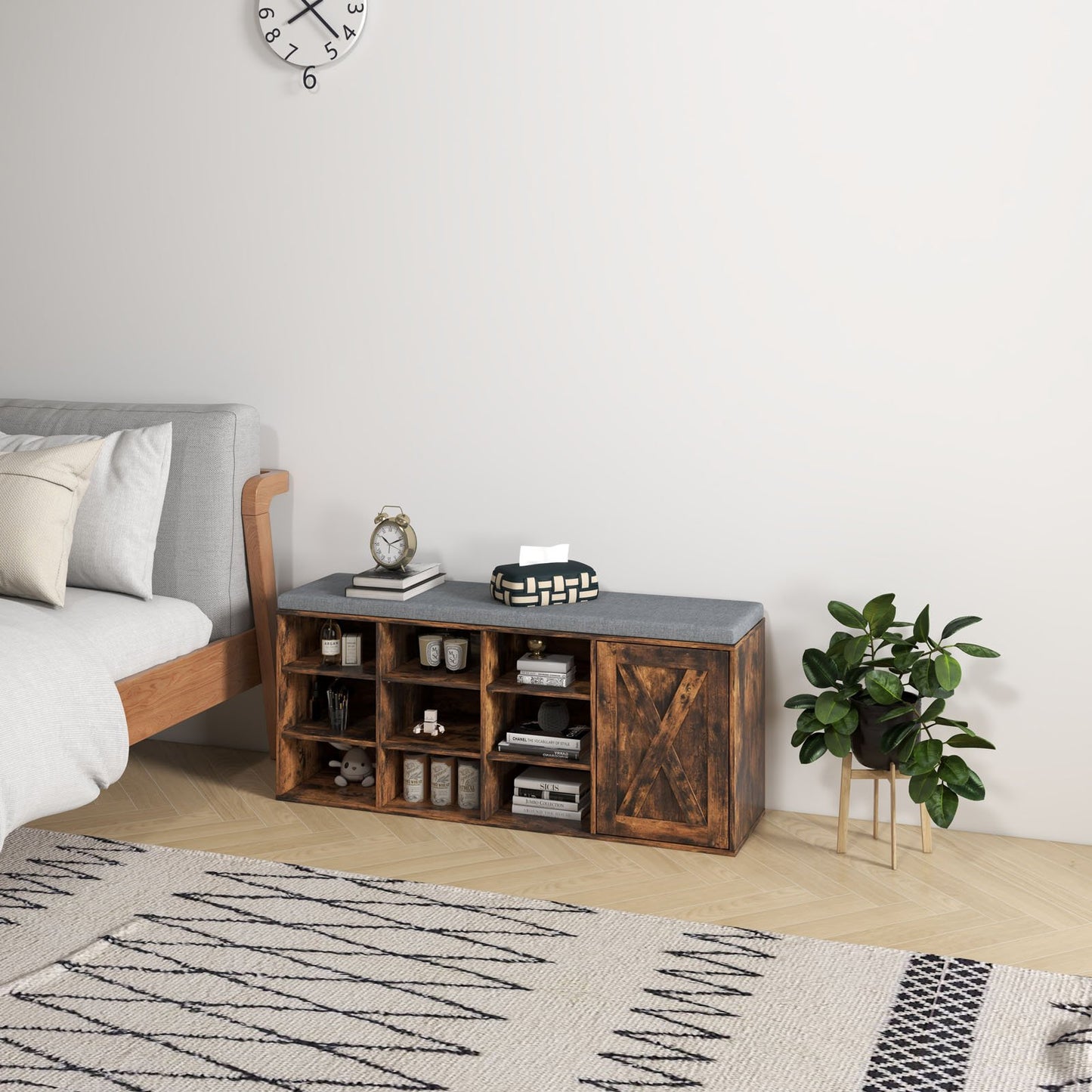 9-cube Shoe Bench with Adjustable Shelves and Removable Padded Cushion-Gray