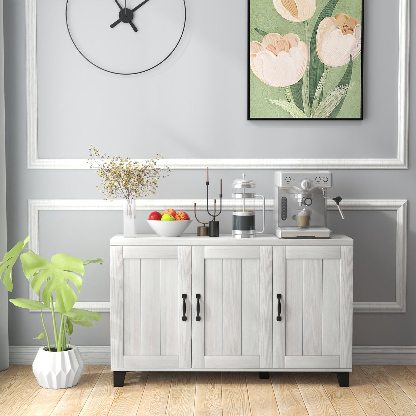 3-Door Buffet Sideboard with Adjustable Shelves and Anti-Tipping Kits-Brown