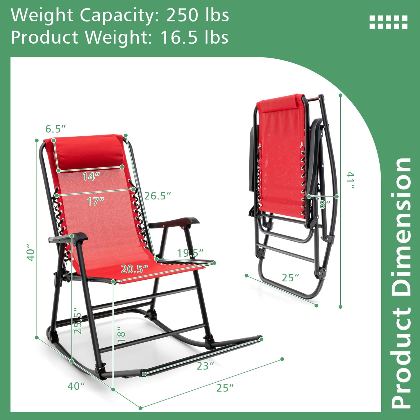 Outdoor Patio Headrest Folding Zero Gravity Rocking Chair-Red