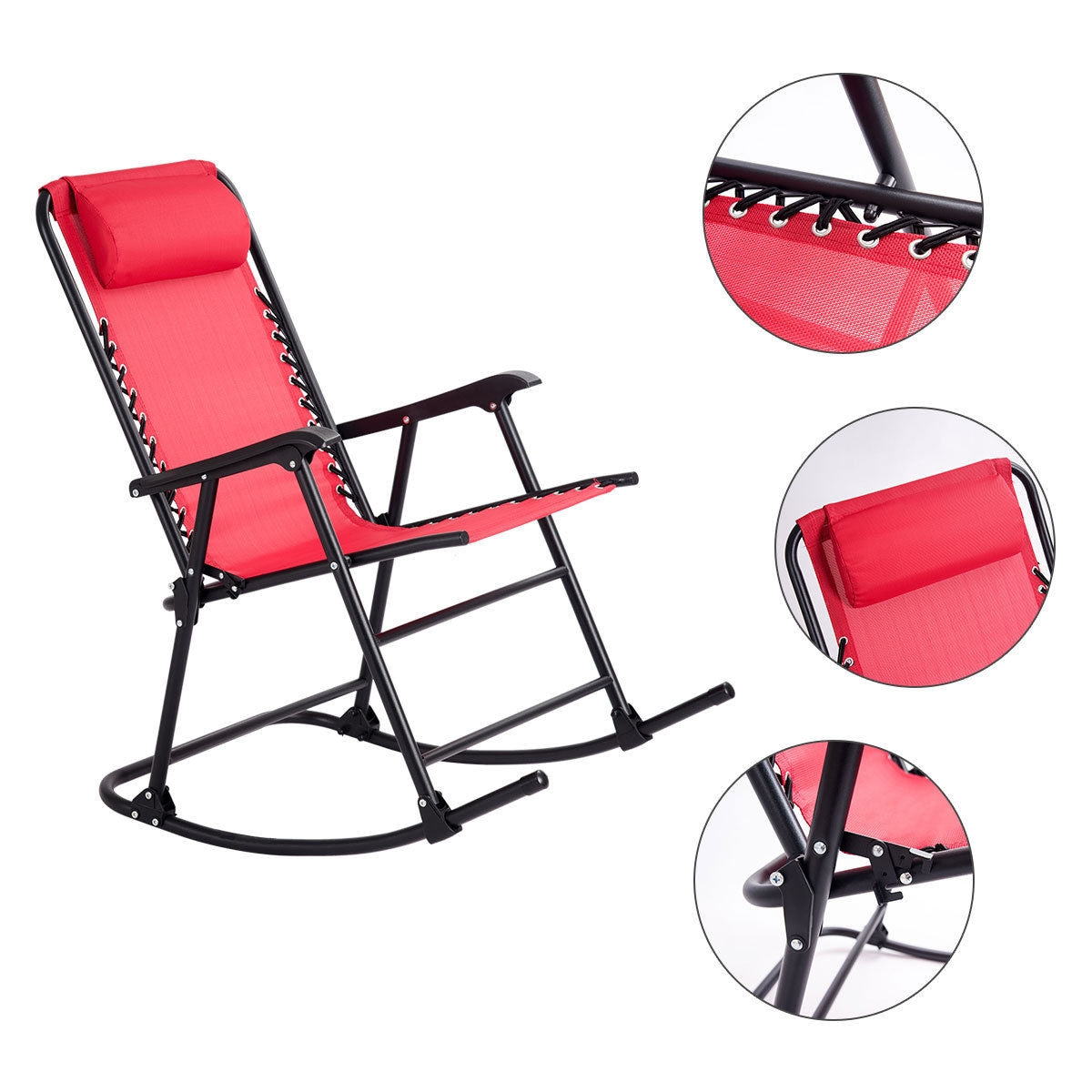 Outdoor Patio Headrest Folding Zero Gravity Rocking Chair-Red