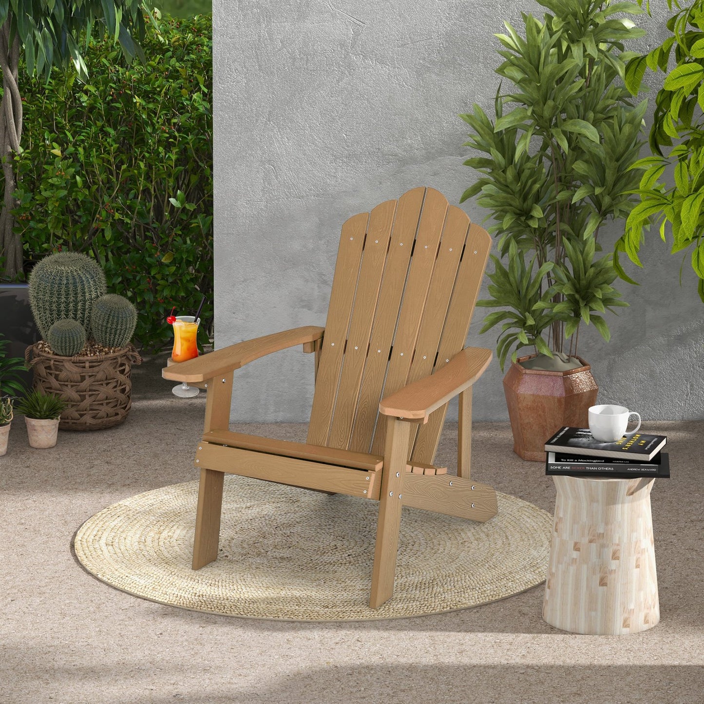 Weather Resistant HIPS Outdoor Adirondack Chair with Cup Holder-Black