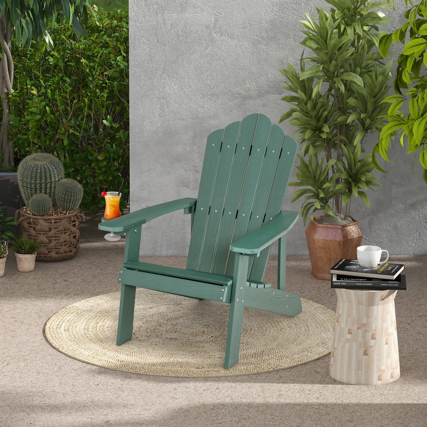 Weather Resistant HIPS Outdoor Adirondack Chair with Cup Holder-Black