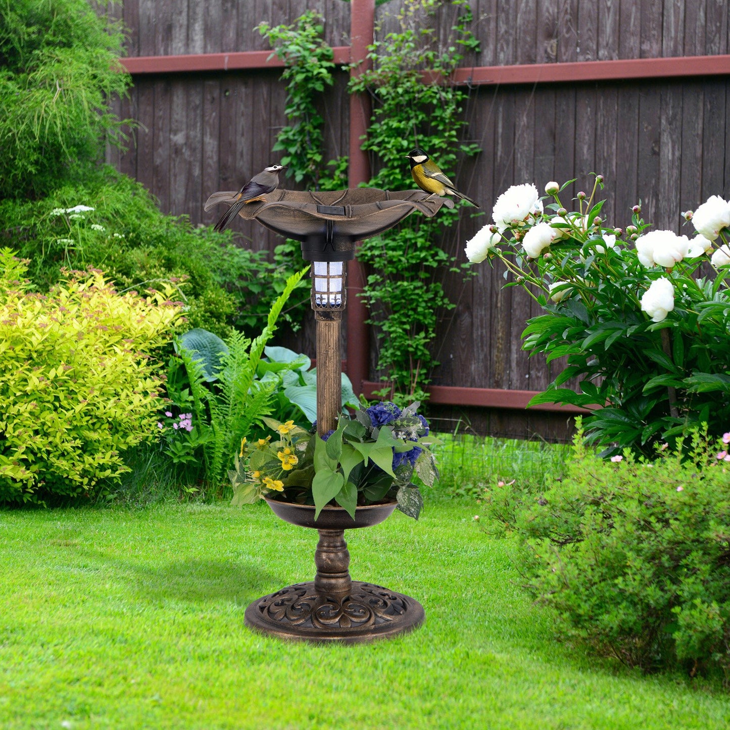 Standing Pedestal Birdbath and Feeder Combo with Lotus Leaf Bowl-Bronze
