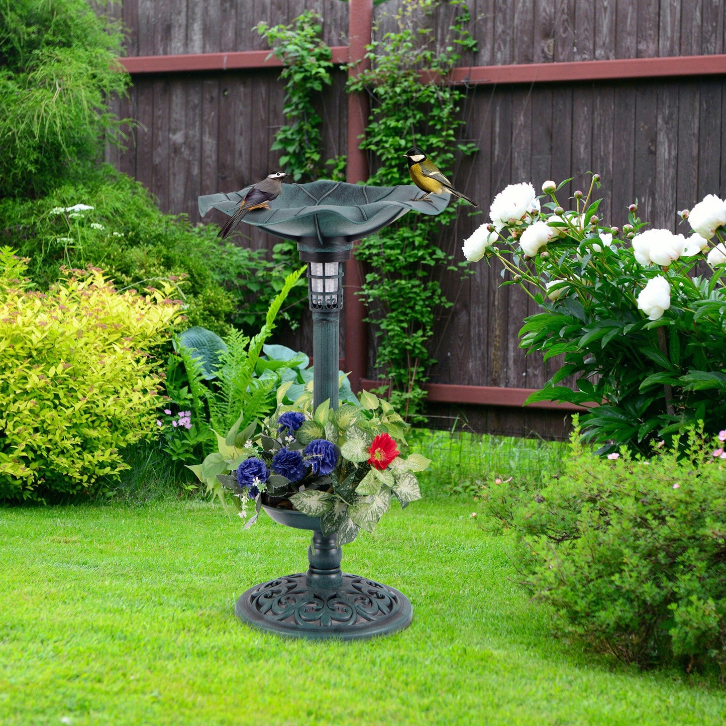 Standing Pedestal Birdbath and Feeder Combo with Lotus Leaf Bowl-Bronze