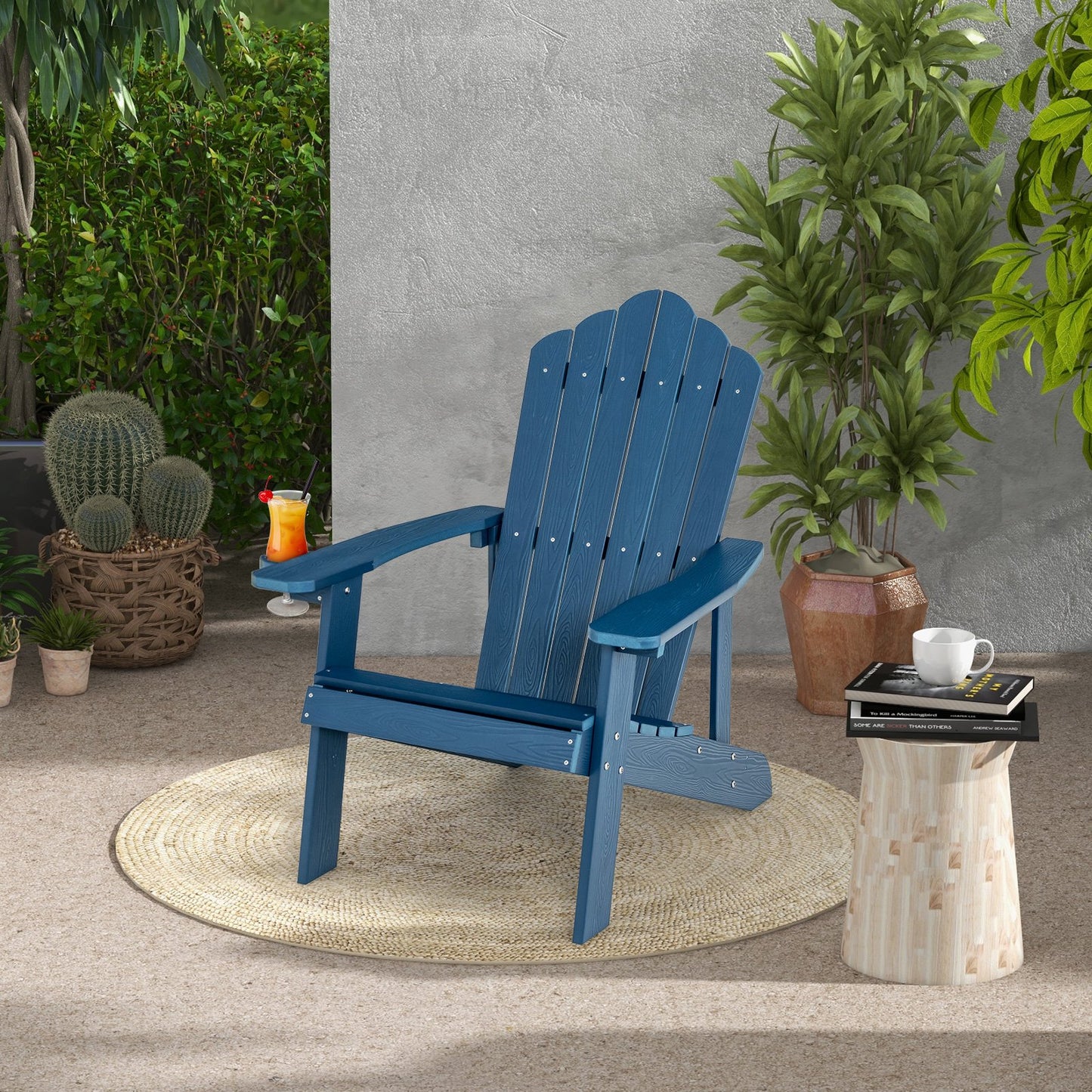 Weather Resistant HIPS Outdoor Adirondack Chair with Cup Holder-Black