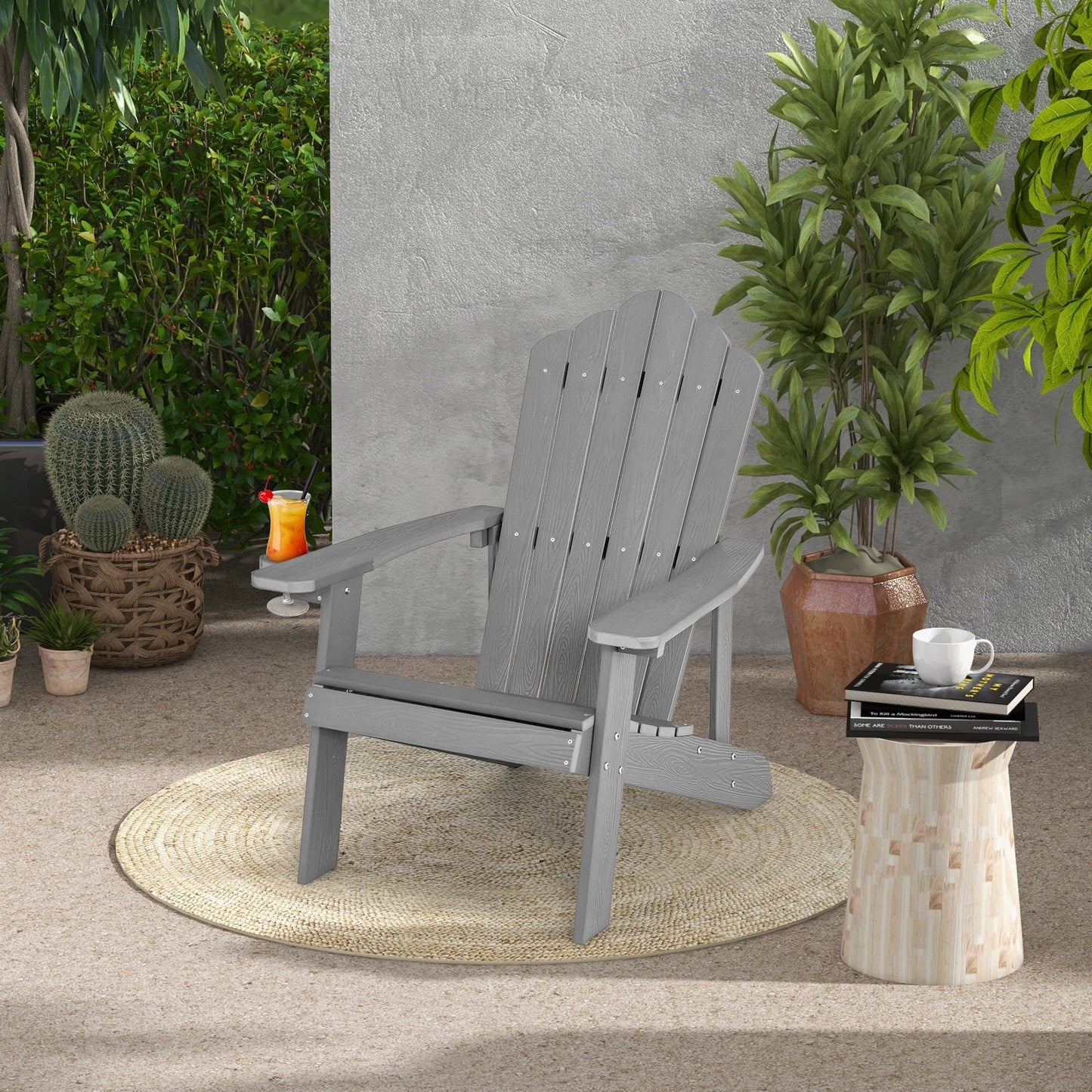 Weather Resistant HIPS Outdoor Adirondack Chair with Cup Holder-Black