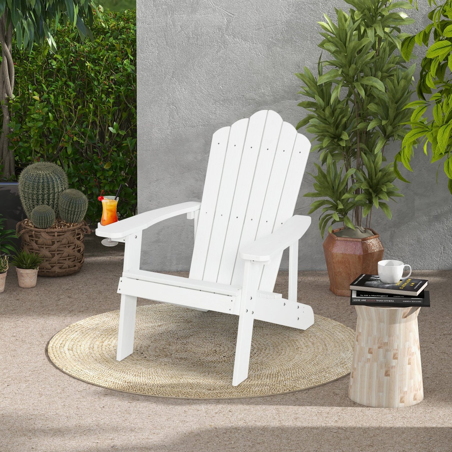 Weather Resistant HIPS Outdoor Adirondack Chair with Cup Holder-Black