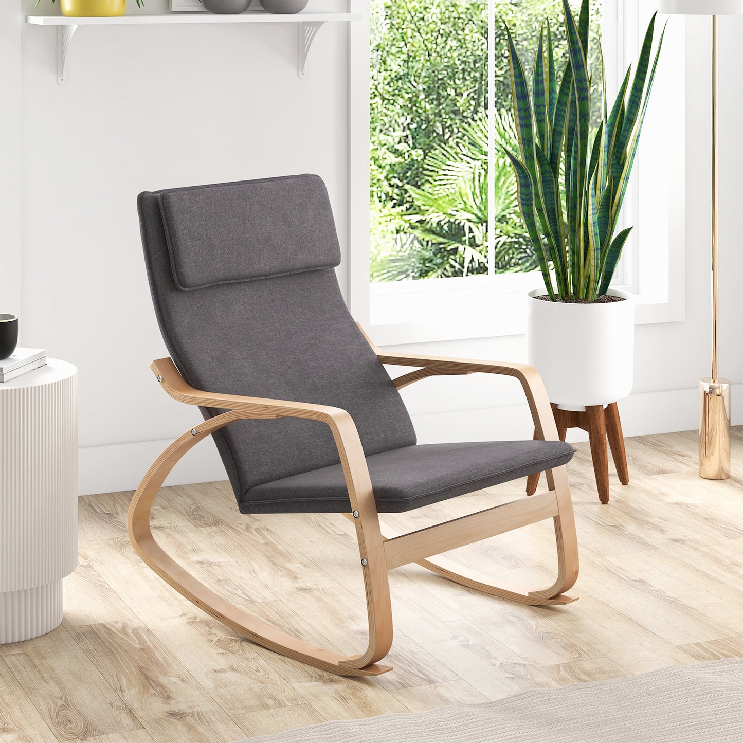 Stable Wooden Frame Leisure Rocking Chair with Removable Upholstered Cushion-Beige