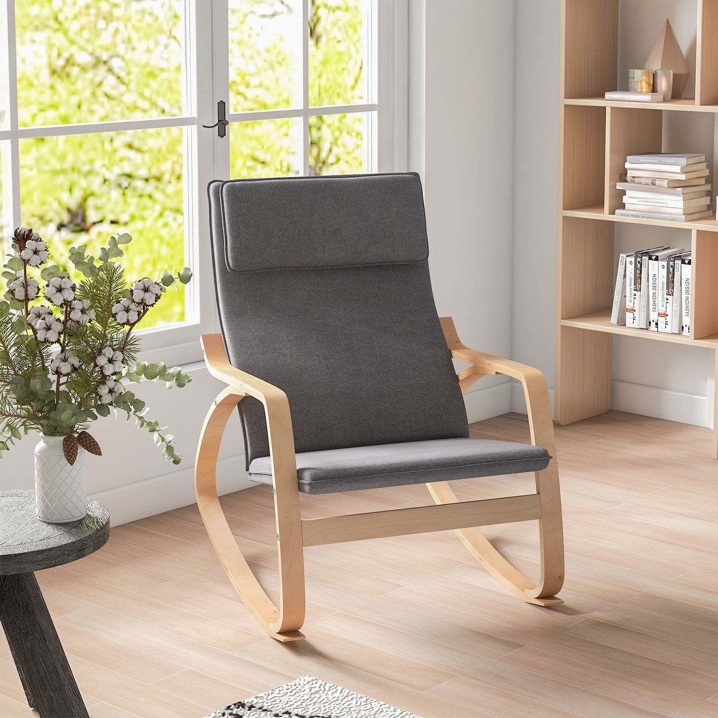 Stable Wooden Frame Leisure Rocking Chair with Removable Upholstered Cushion-Beige