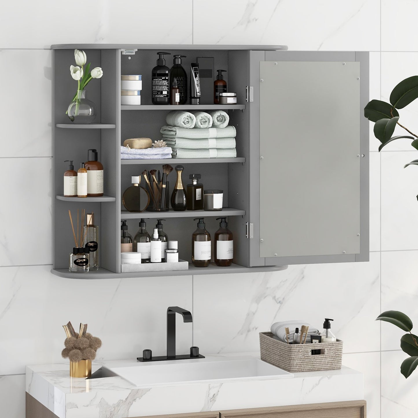 Wall-Mounted Bathroom Mirror Cabinet with Storage Shelves-Black