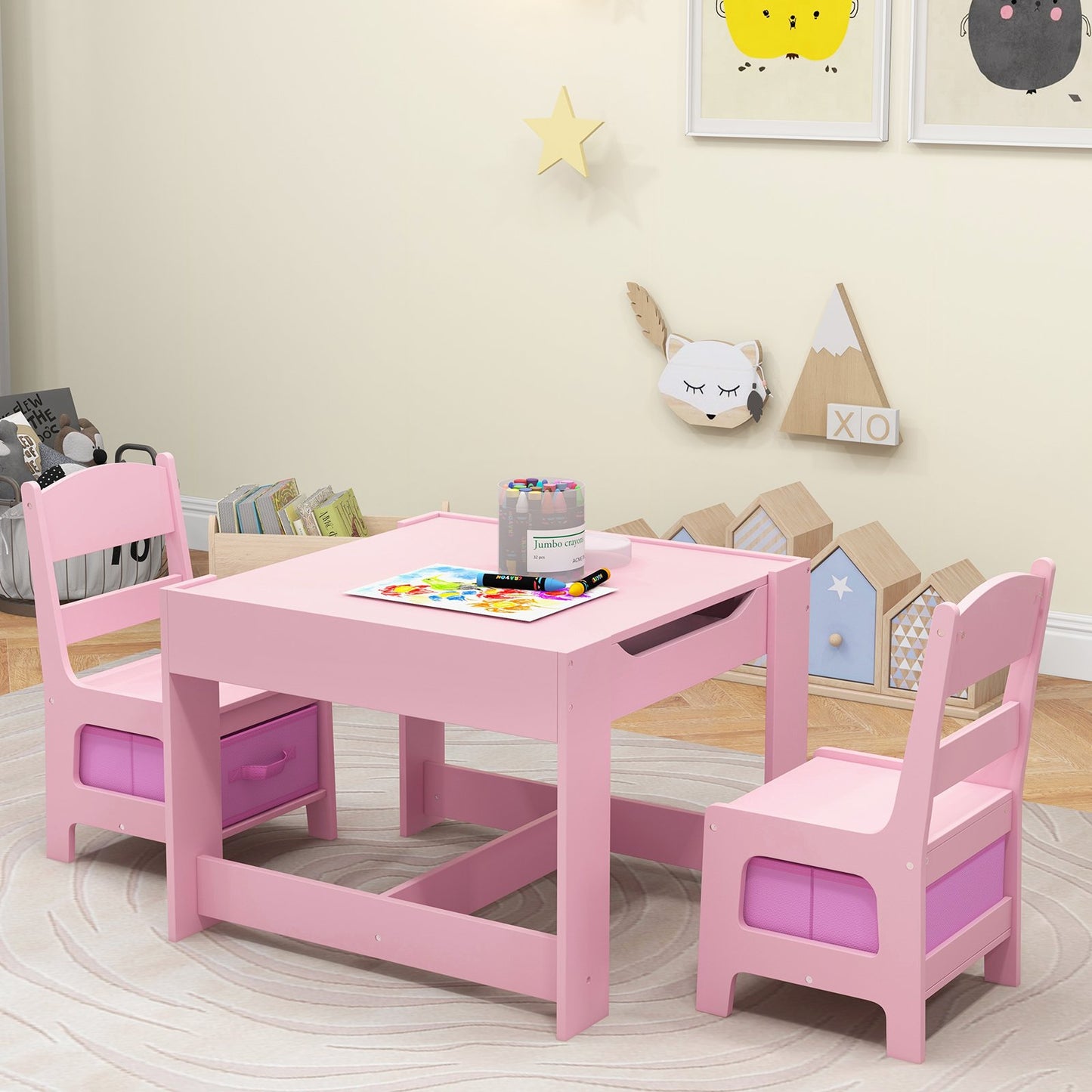Kids Table Chairs Set With Storage Boxes Blackboard Whiteboard Drawing-Natural