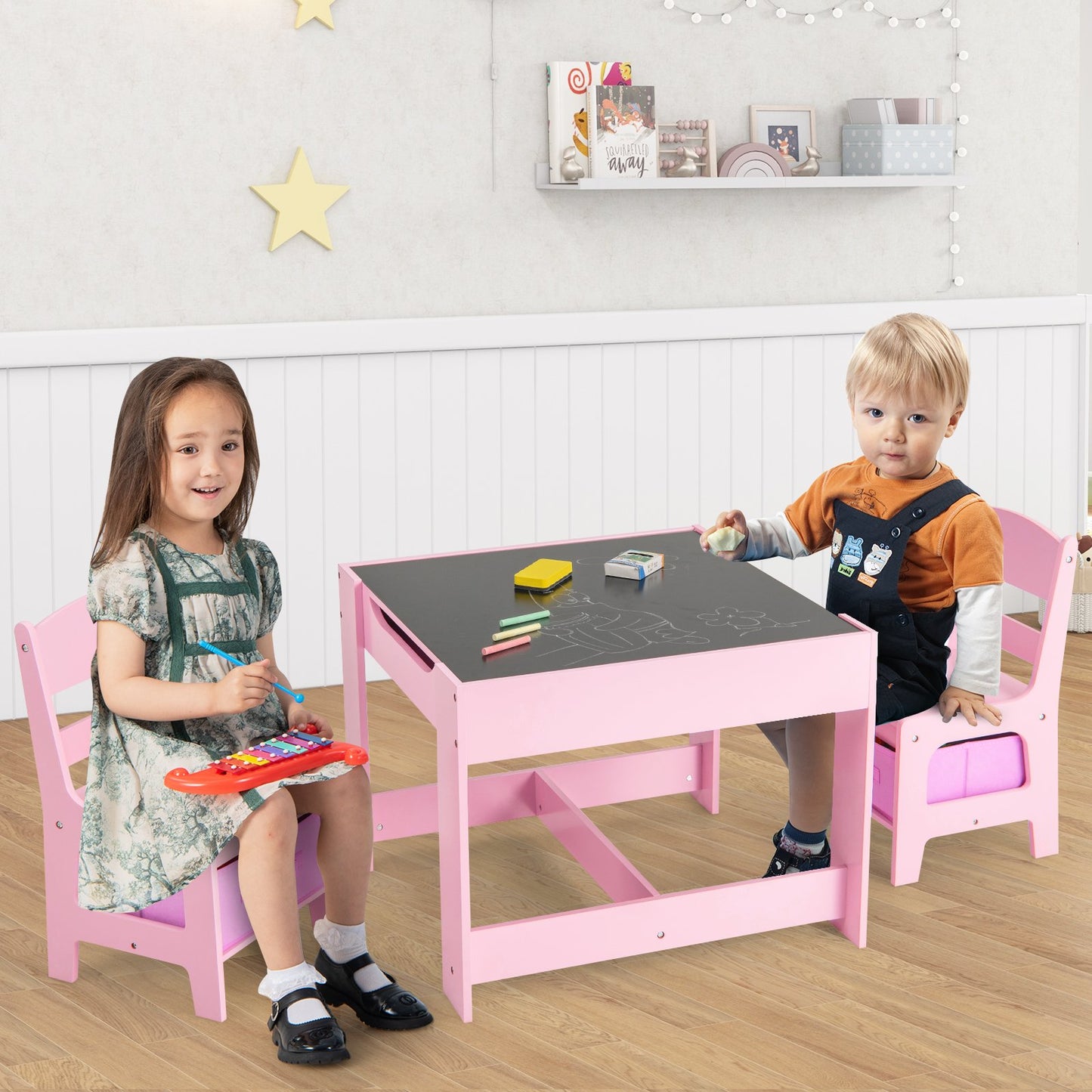 Kids Table Chairs Set With Storage Boxes Blackboard Whiteboard Drawing-Natural