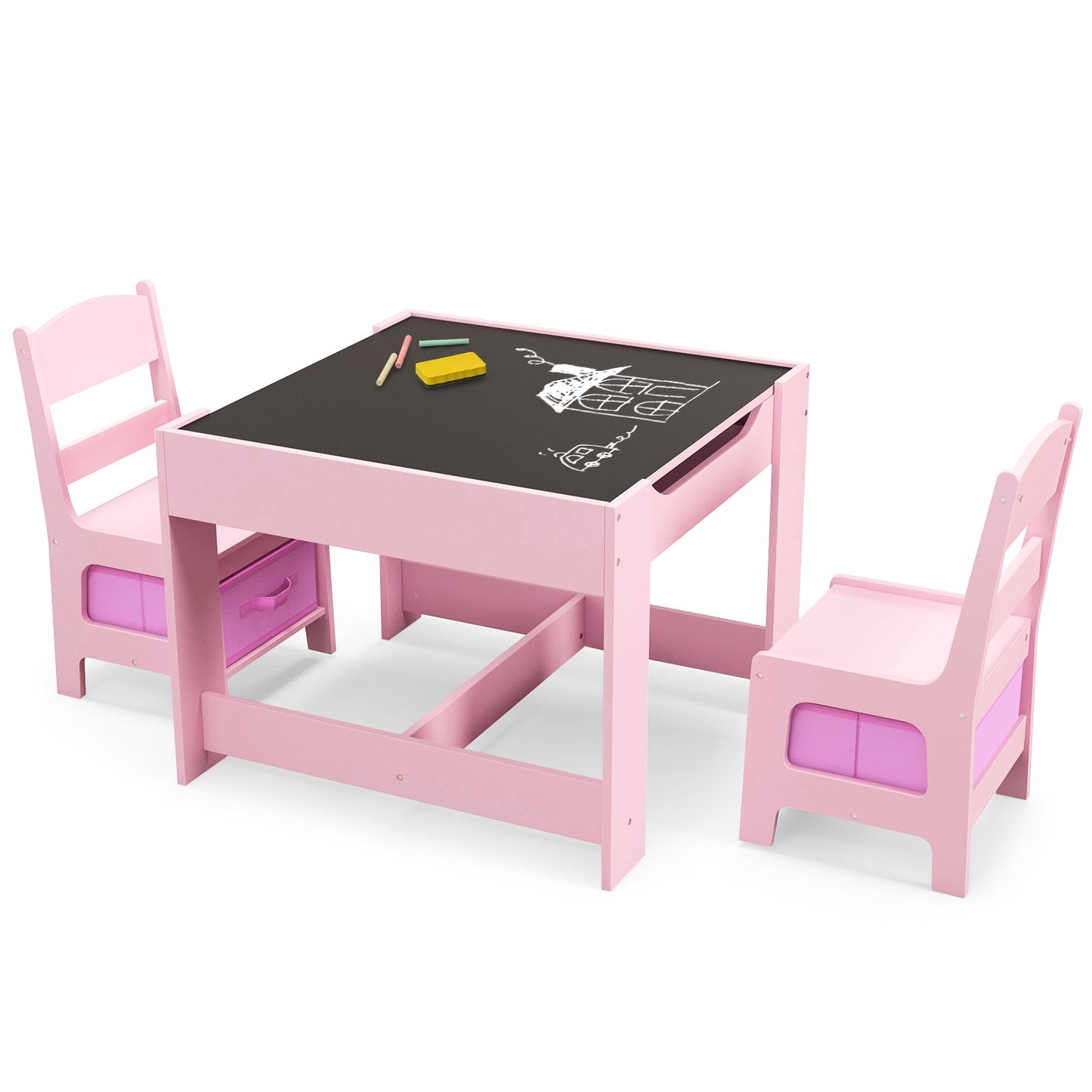 Kids Table Chairs Set With Storage Boxes Blackboard Whiteboard Drawing-Natural