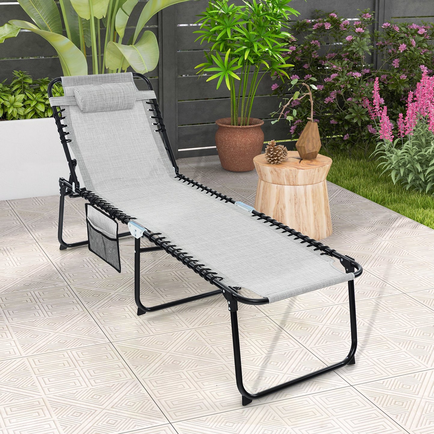 Foldable Recline Lounge Chair with Adjustable Backrest and Footrest-Beige