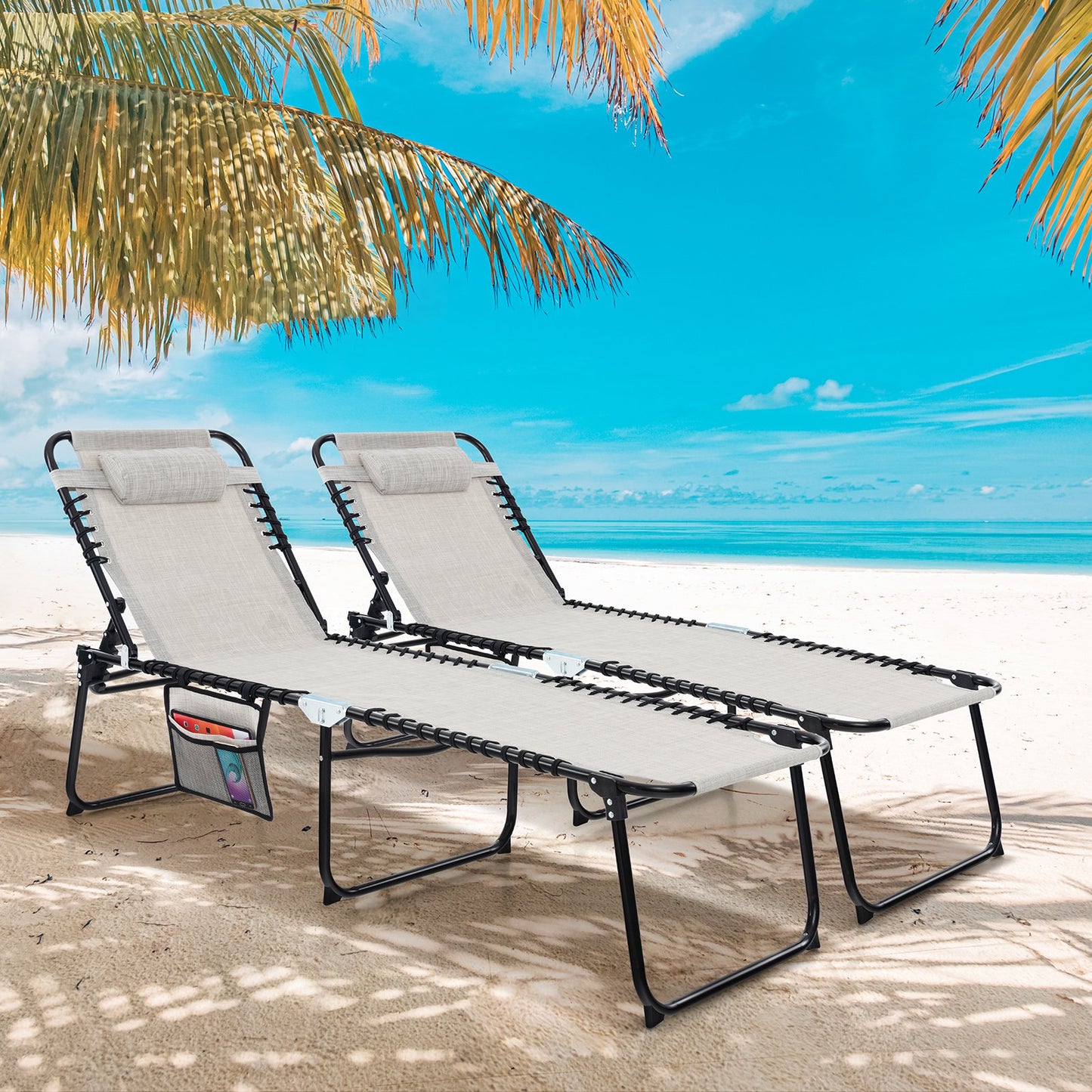 Foldable Recline Lounge Chair with Adjustable Backrest and Footrest-Beige