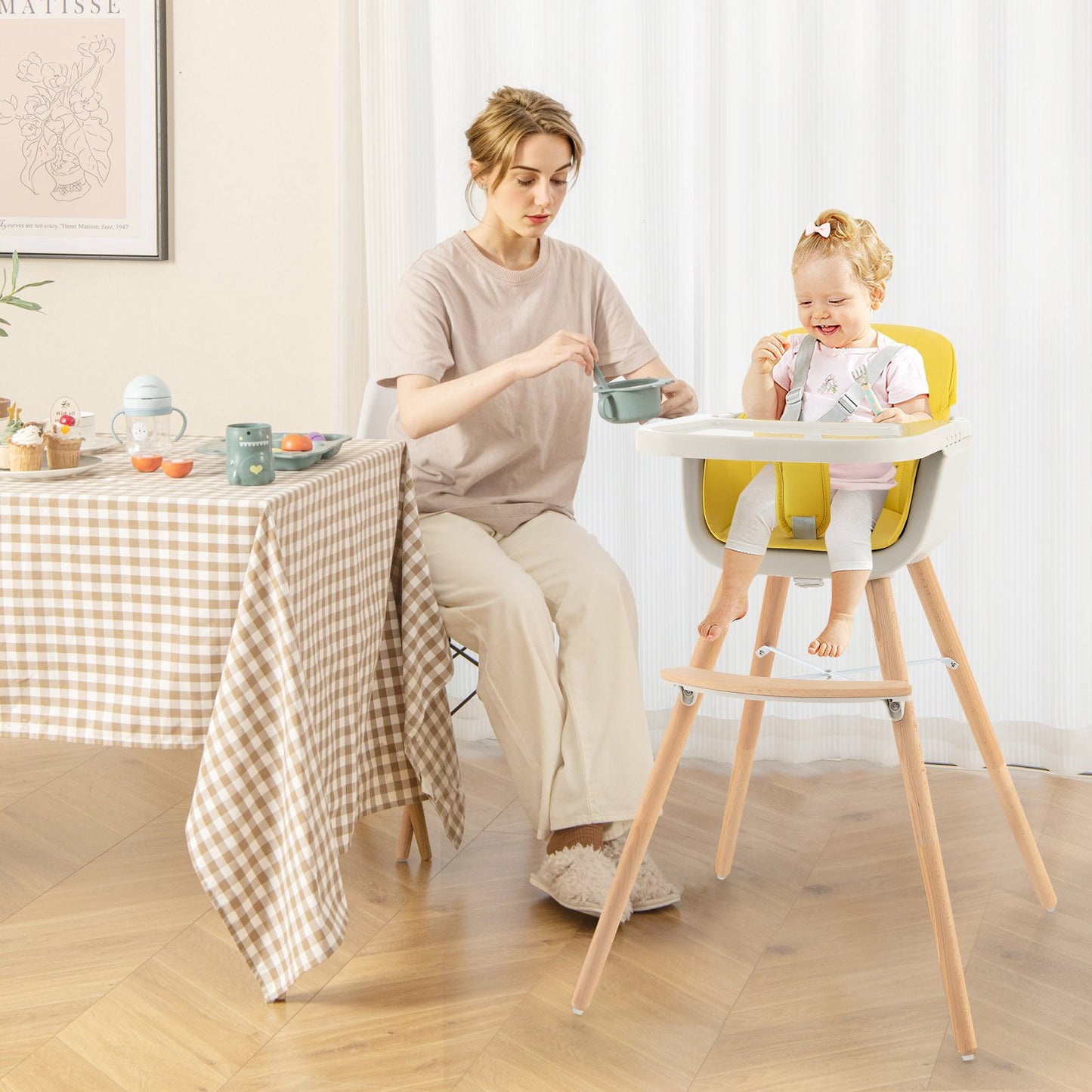 3-in-1 Convertible Wooden High Chair with Cushion-Beige