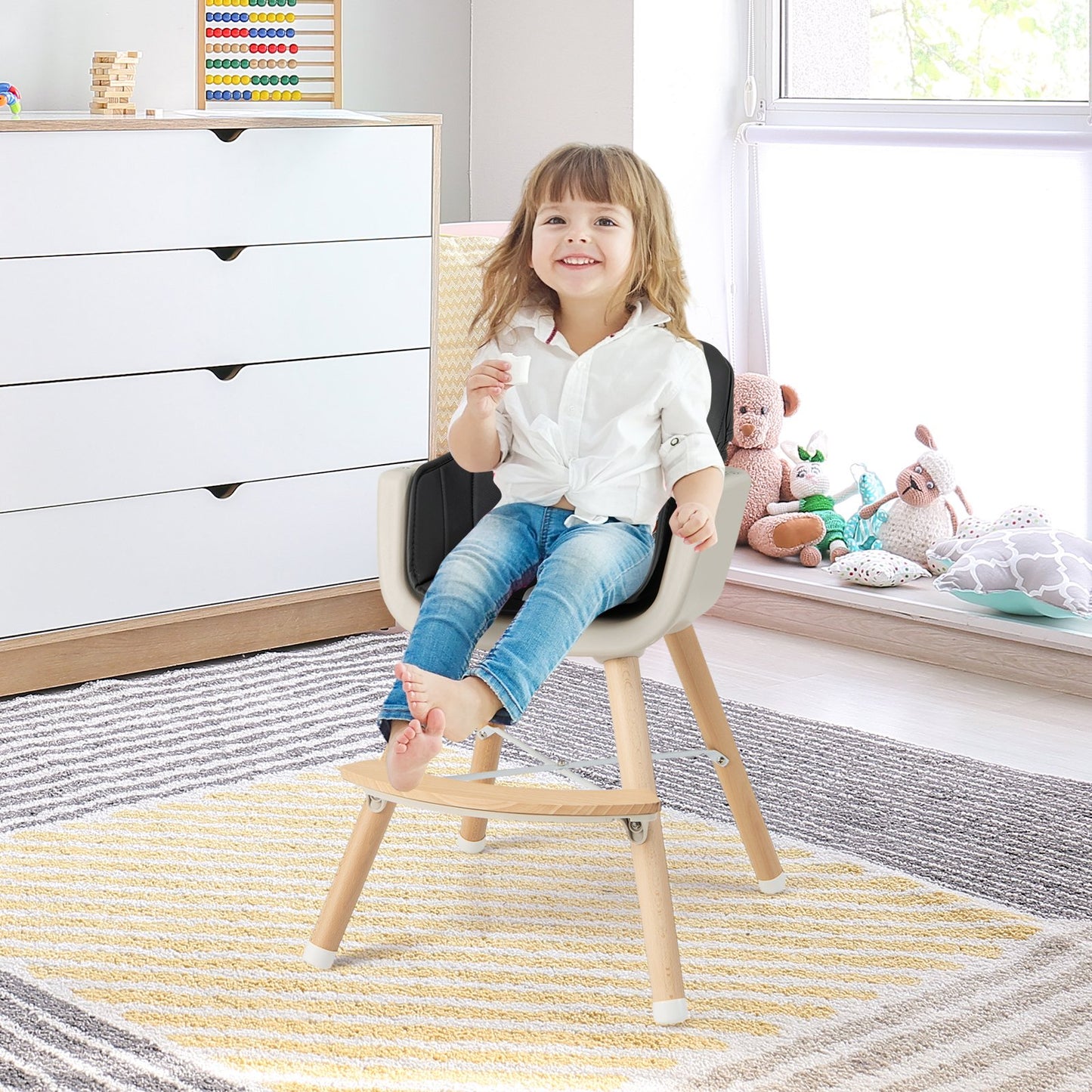 3-in-1 Convertible Wooden High Chair with Cushion-Black
